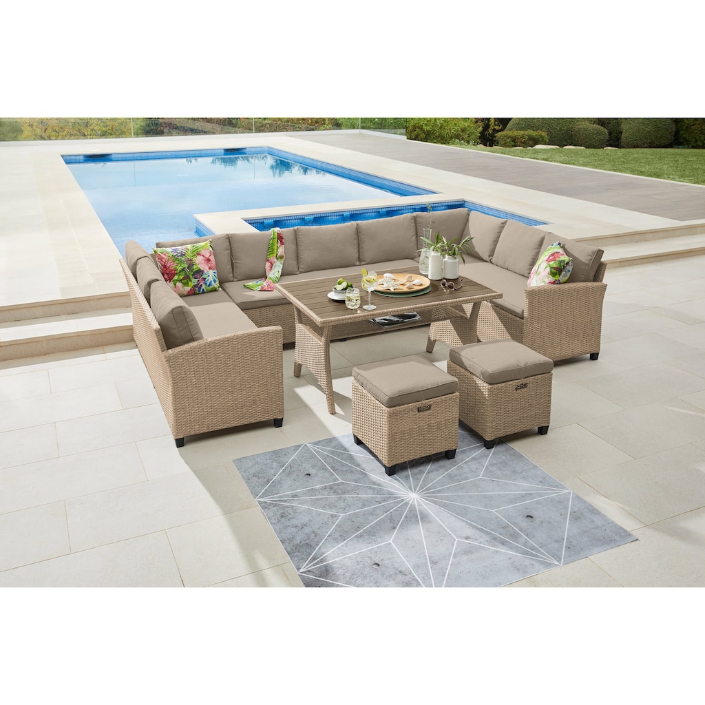 KONIFERA Gartenlounge-Set »Rotterdam«, (Set, 20 tlg., 3x 3er Sofa, 2x Hocker, 1x Tisch 120x82x67cm, inkl. Auflagen)