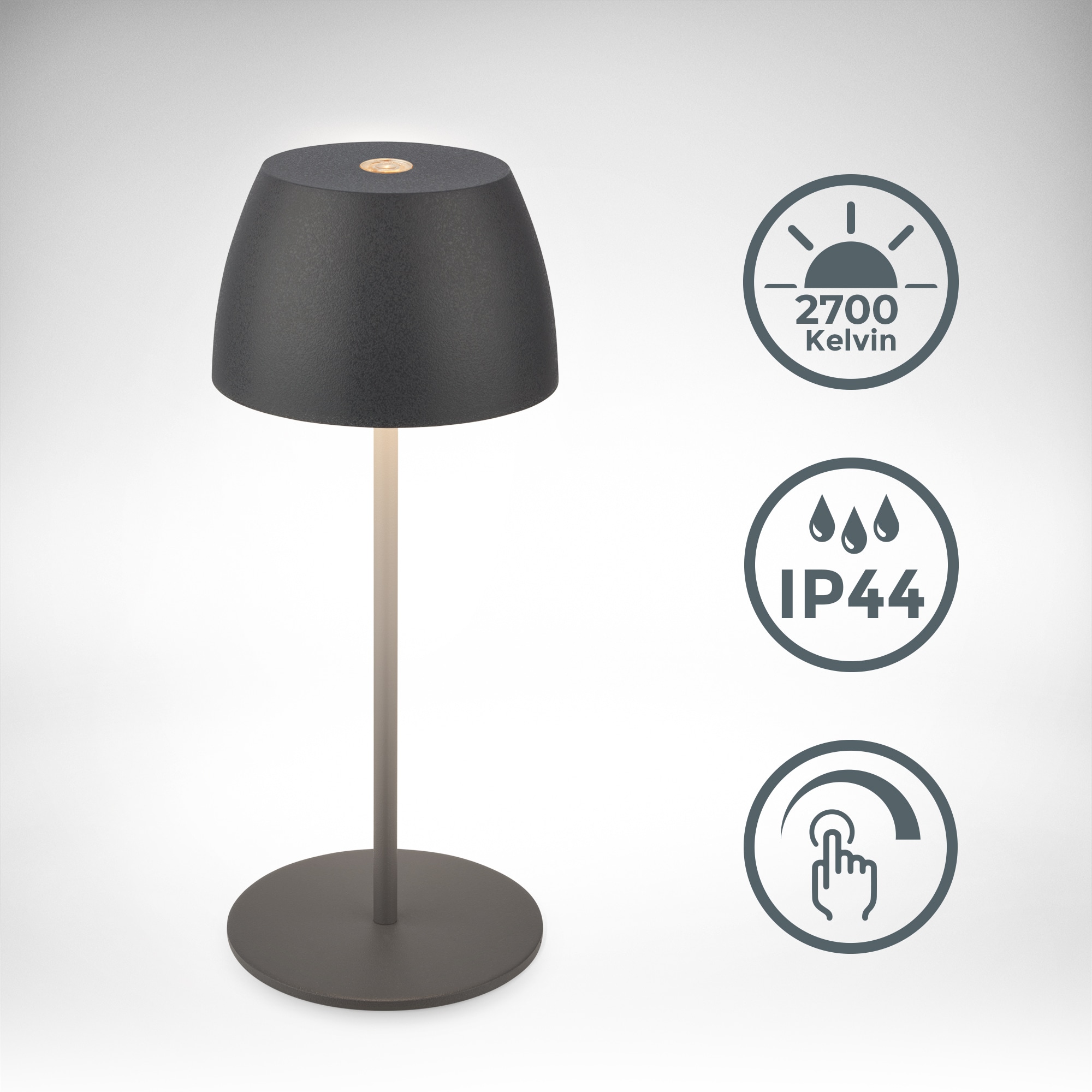 B.K.Licht Außen-Tischleuchte »BK_TL1606 Mini Akku LED Tischlampe, Touchdimmer, mit USB-C«, 1 flammig, Leuchtmittel LED-Modul | LED fest integriert, 2.700 K, 150Lm, 2,5W, Akku wechselbar, max. 24h Leuchtdauer, Anthrazit