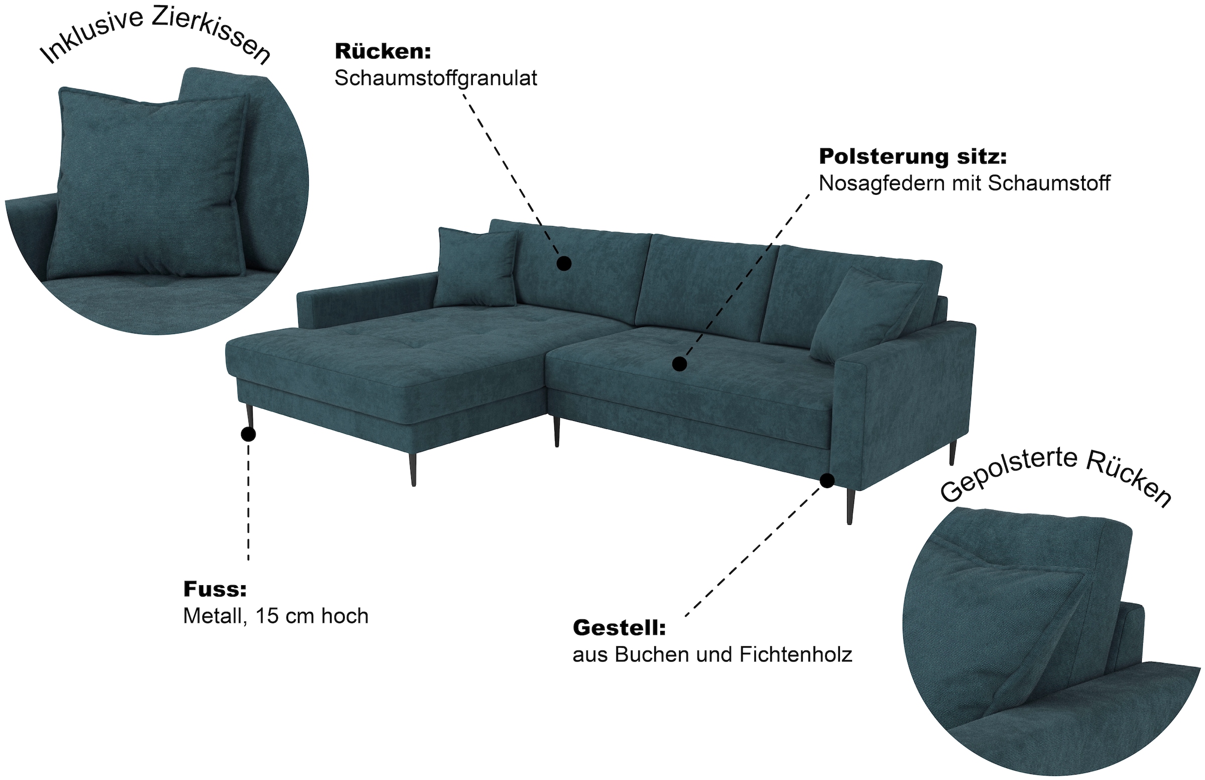 Trends by HG Ecksofa »Summer« hochwertiger Stoff mit edlem Metallfuß