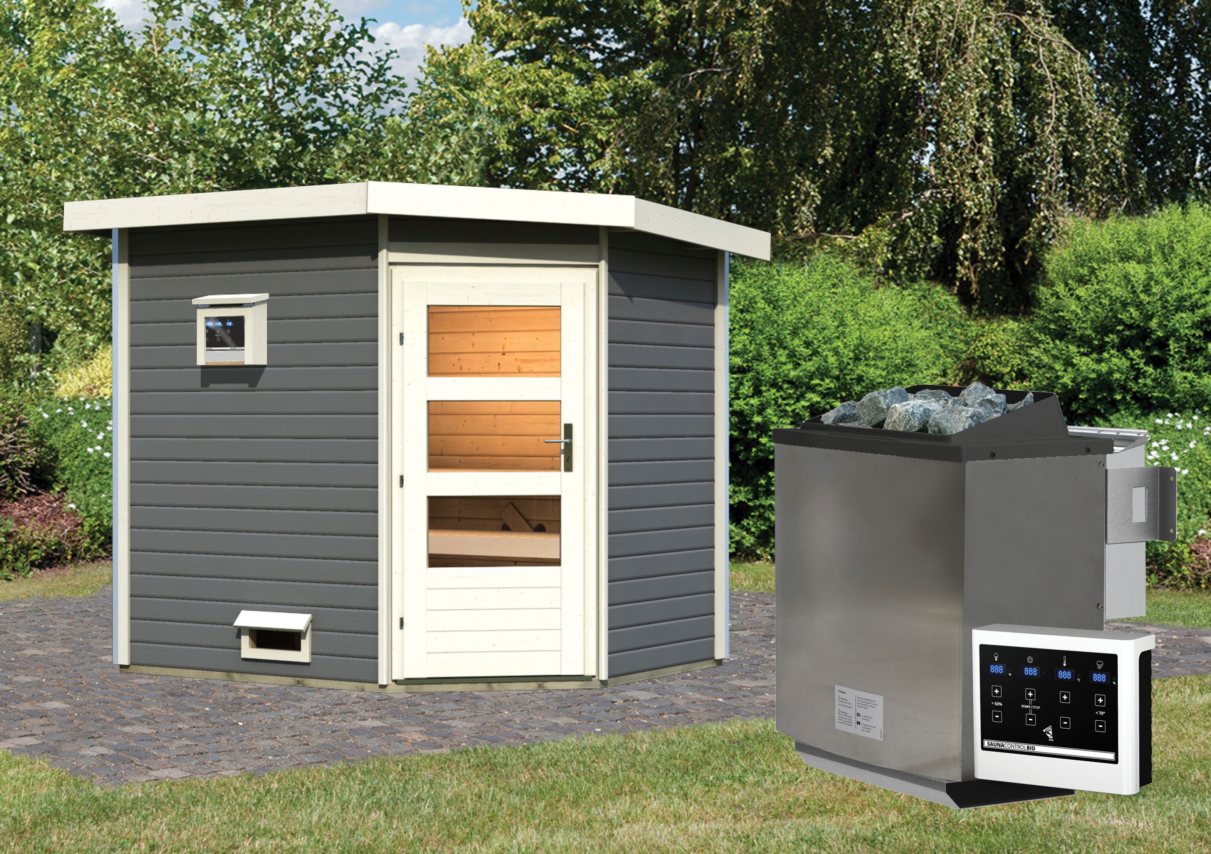 Karibu Saunahaus »Tore«, moderne Tür, Ofen 9 kW Bio externer Steuerung