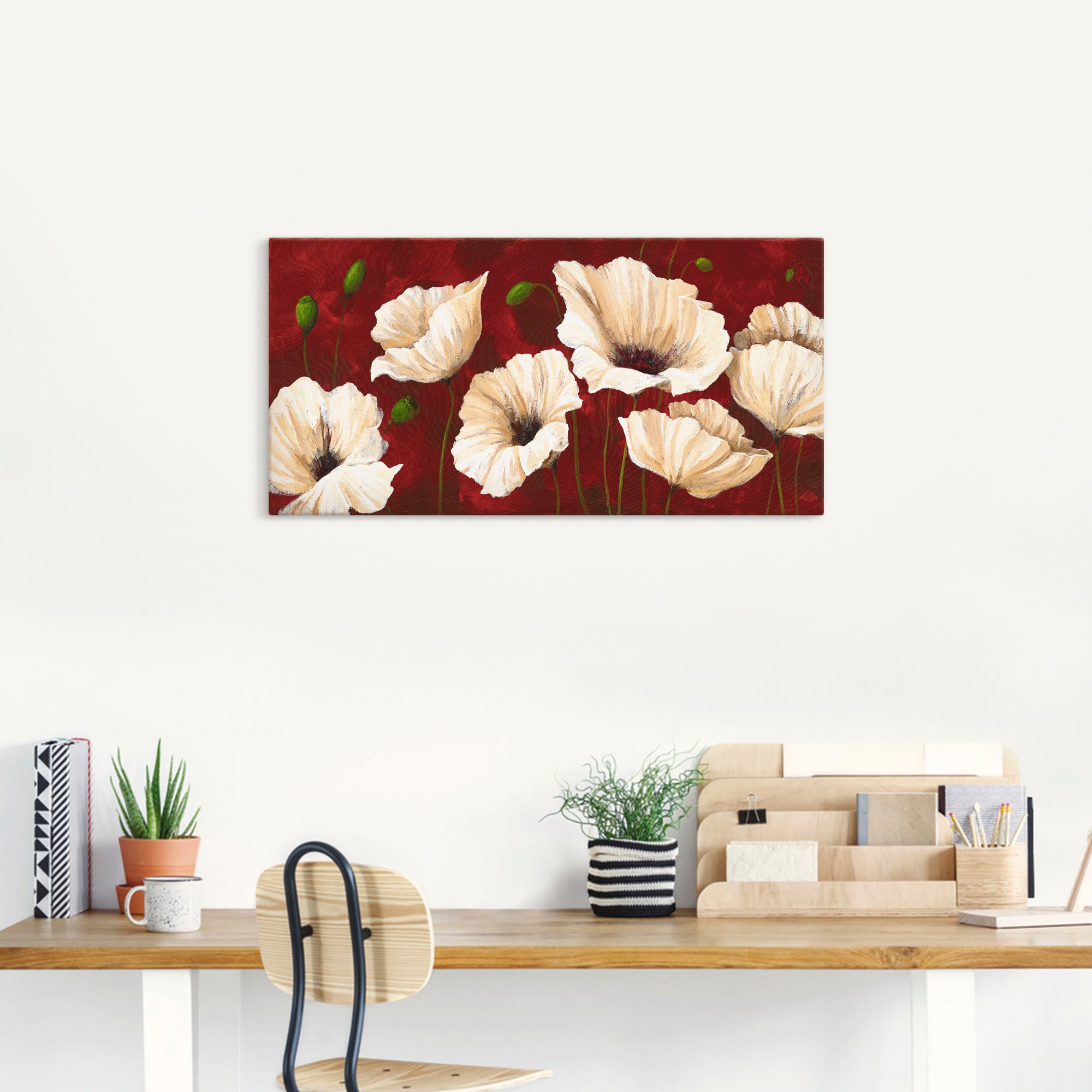 Artland Wandbild »Weiße Mohnblumen vor rot«, Blumen, (1 St.), als Alubild, Outdoorbild, Leinwandbild, Poster, Wandaufkleber