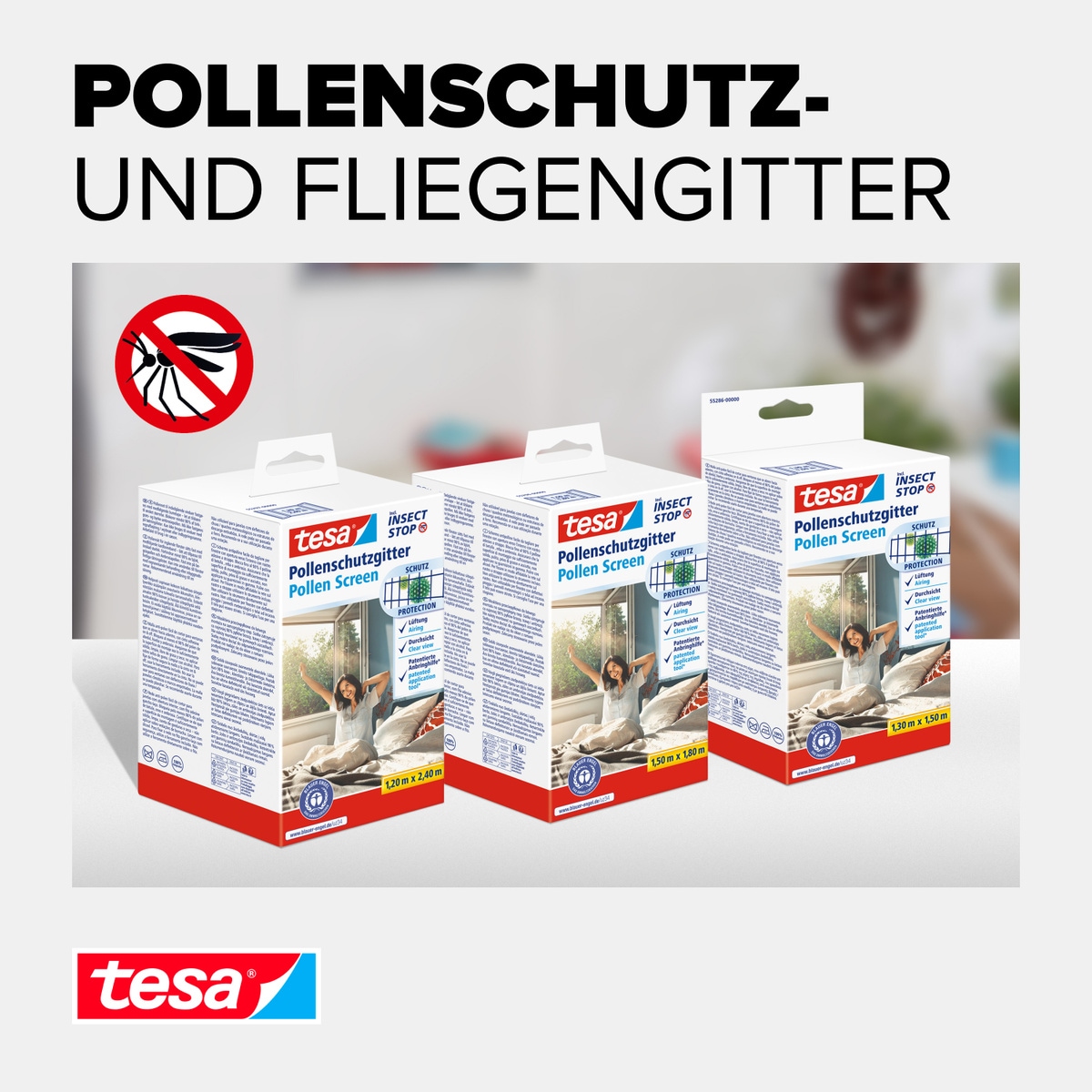 tesa Insektenschutz-Fensterrahmen »Pollenschutzgitter für Fenster - 1,5m x 1,8m«, Pollenschutzgitter - ohne Bohren- zuschneidbar -anthrazit