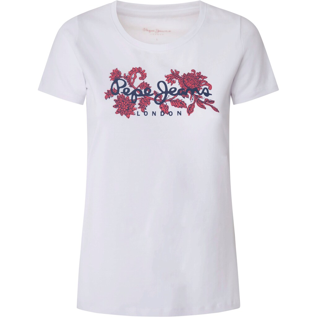 Pepe Jeans Rundhalsshirt »NEREA« mit floralem Logo-Print und Stretch Pepe Jeans Rundhalsshirt »NEREA« mit floralem Logo-Print und Stretch