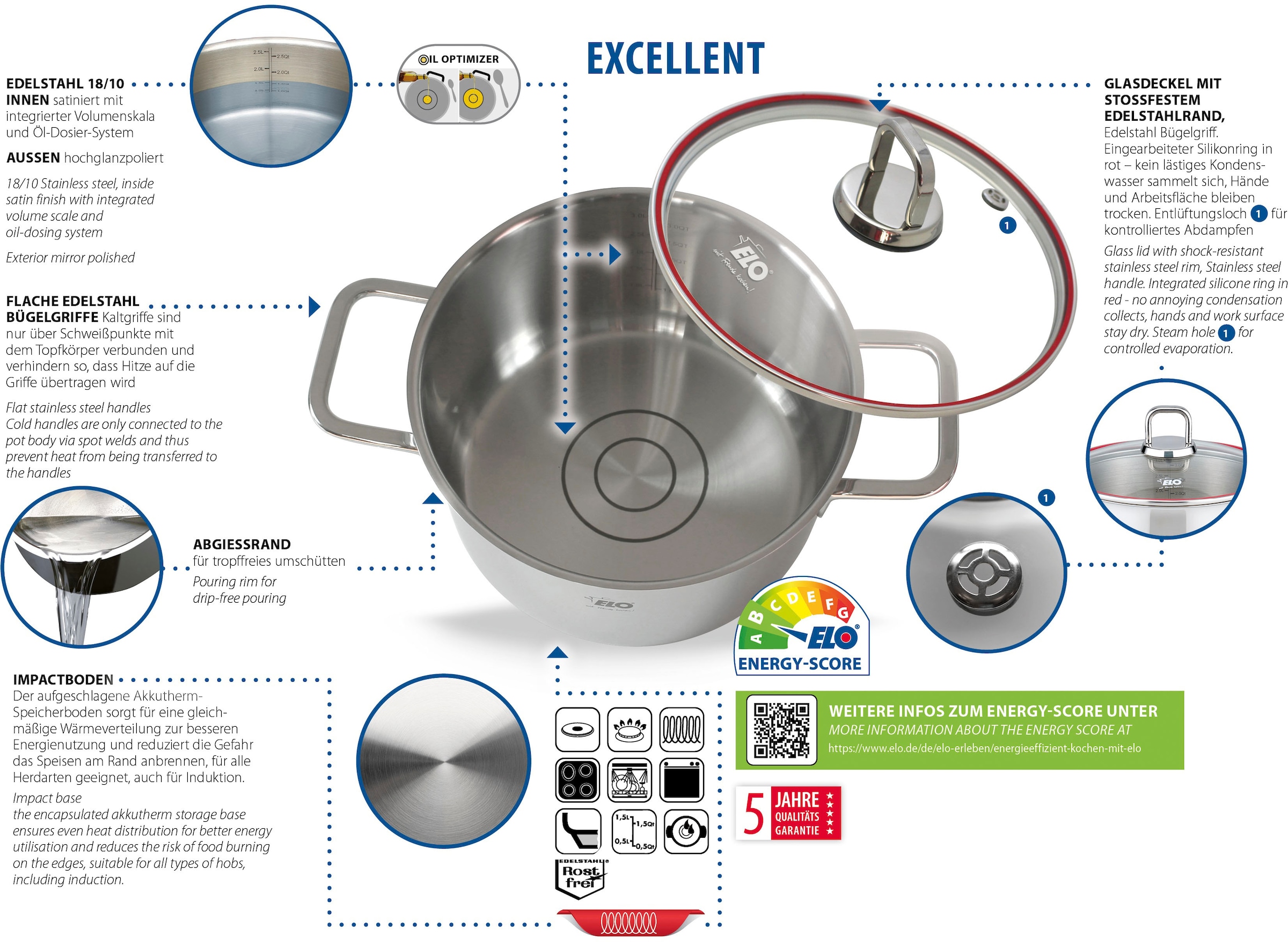 Elo 18/10, Induktion Edelstahl 6 kaufen »Excellent«, tlg.), Topf-Set Untersetzer, inkl. (Set, mit BAUR Literskala, |