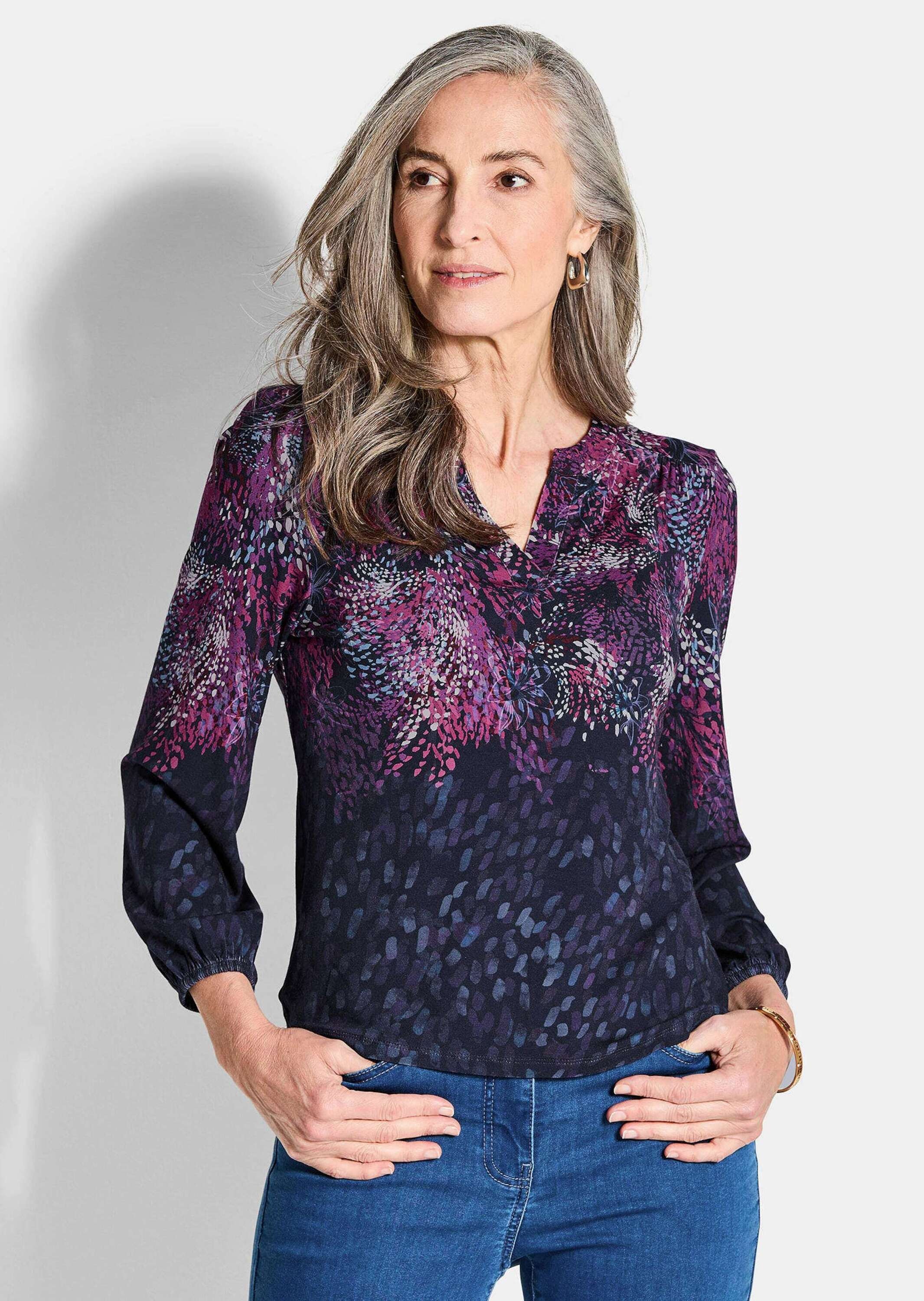 Thumbnail - GOLDNER Kurzarmshirt "Langarm Druckshirt mit Allover-Print" schmaler Gummibündchen am Ärmel