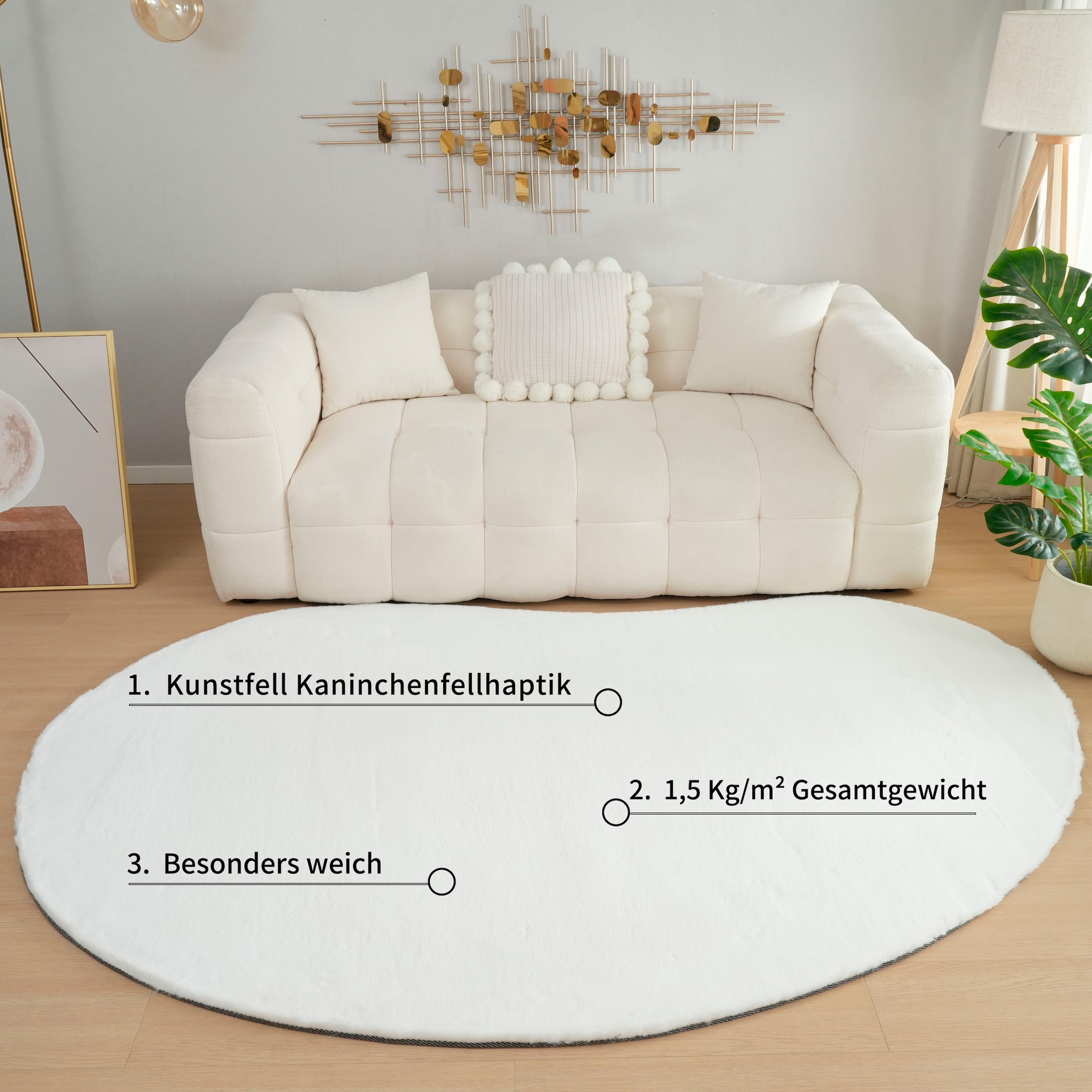 Bruno Banani Hochflor-Teppich »Rabbit 2 Bean, Kunstfell Teppich, Modern, besondere Form«, U-förmig, 25 mm Höhe, Kaninchenfell-Haptik, Microfaser, Wohnzimmer, Schlafzimmer, Esszimmer