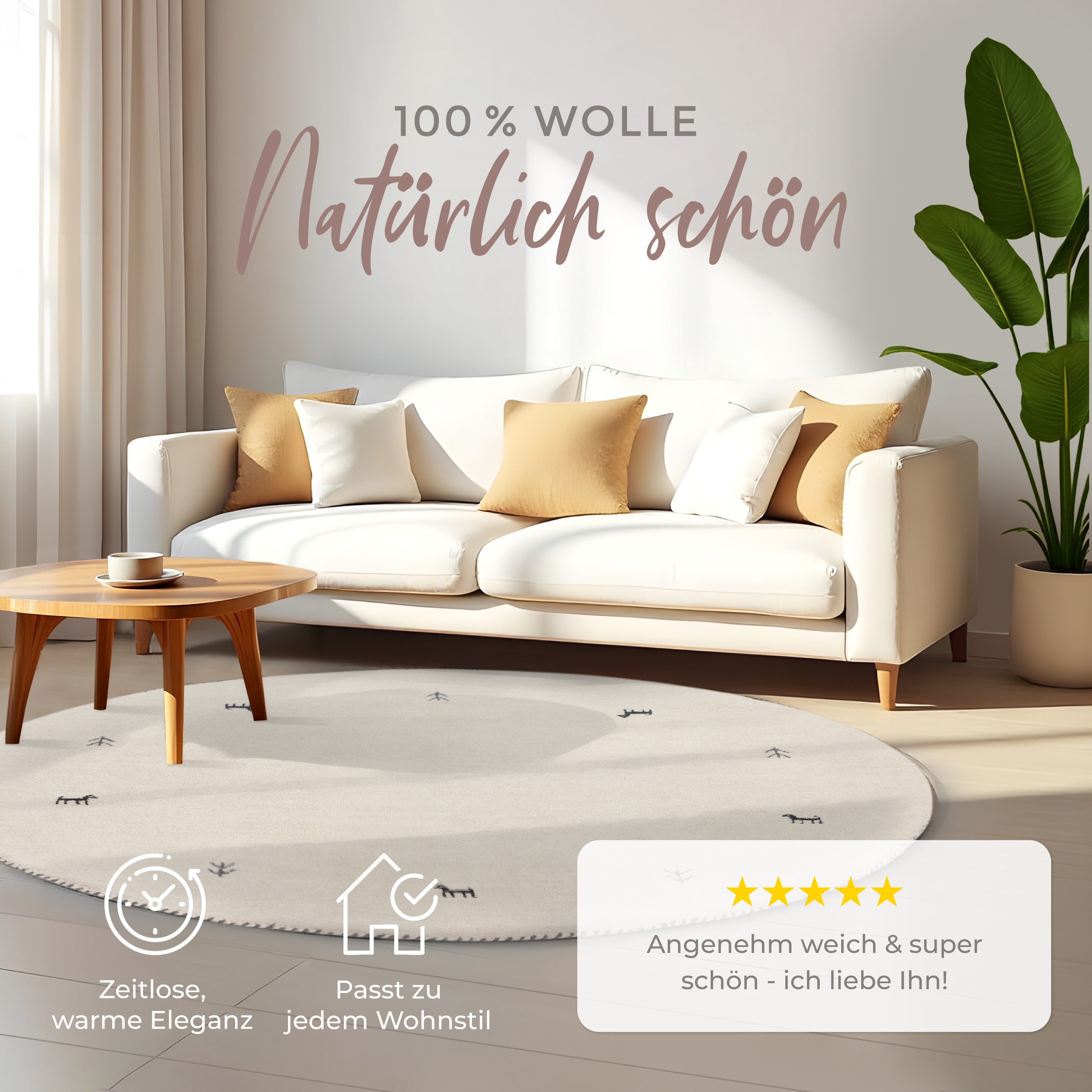 Wollteppich CARPETFINE "Gabbeh Uni", weiß, H:15mm Ø:200cm, Wolle, Teppiche, reine Wolle handgewebt, Gabbeh Tiermotiv warmes Raumklima viele Größen 2