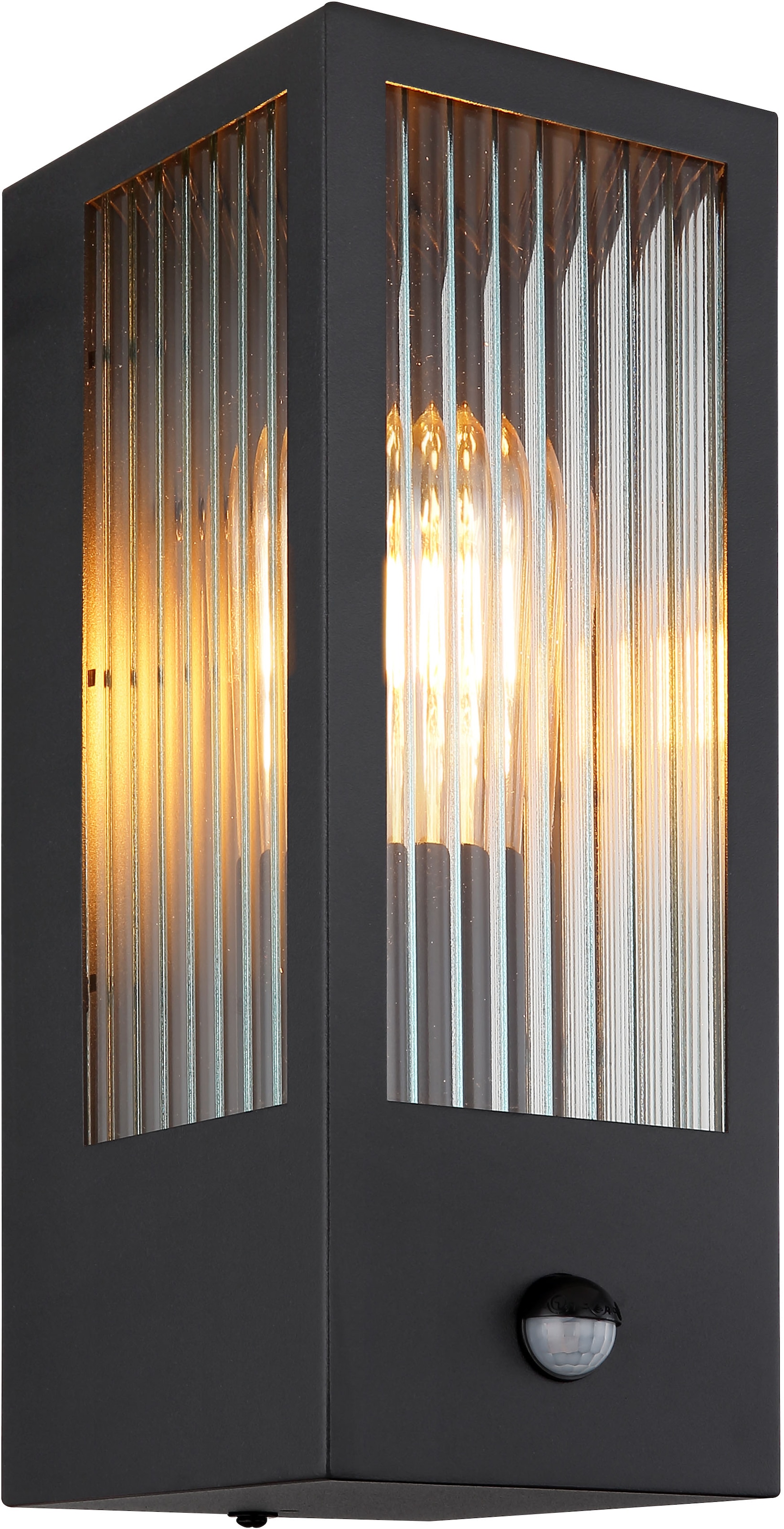 GLOBO LIGHTING Außen-Wandleuchte »GUNDULA«, Leuchtmittel E27 | ohne Leuchtmittel, Außenlampe/schwarz/IP44/Terrasse/Wand/Sensor/Glas gerillt