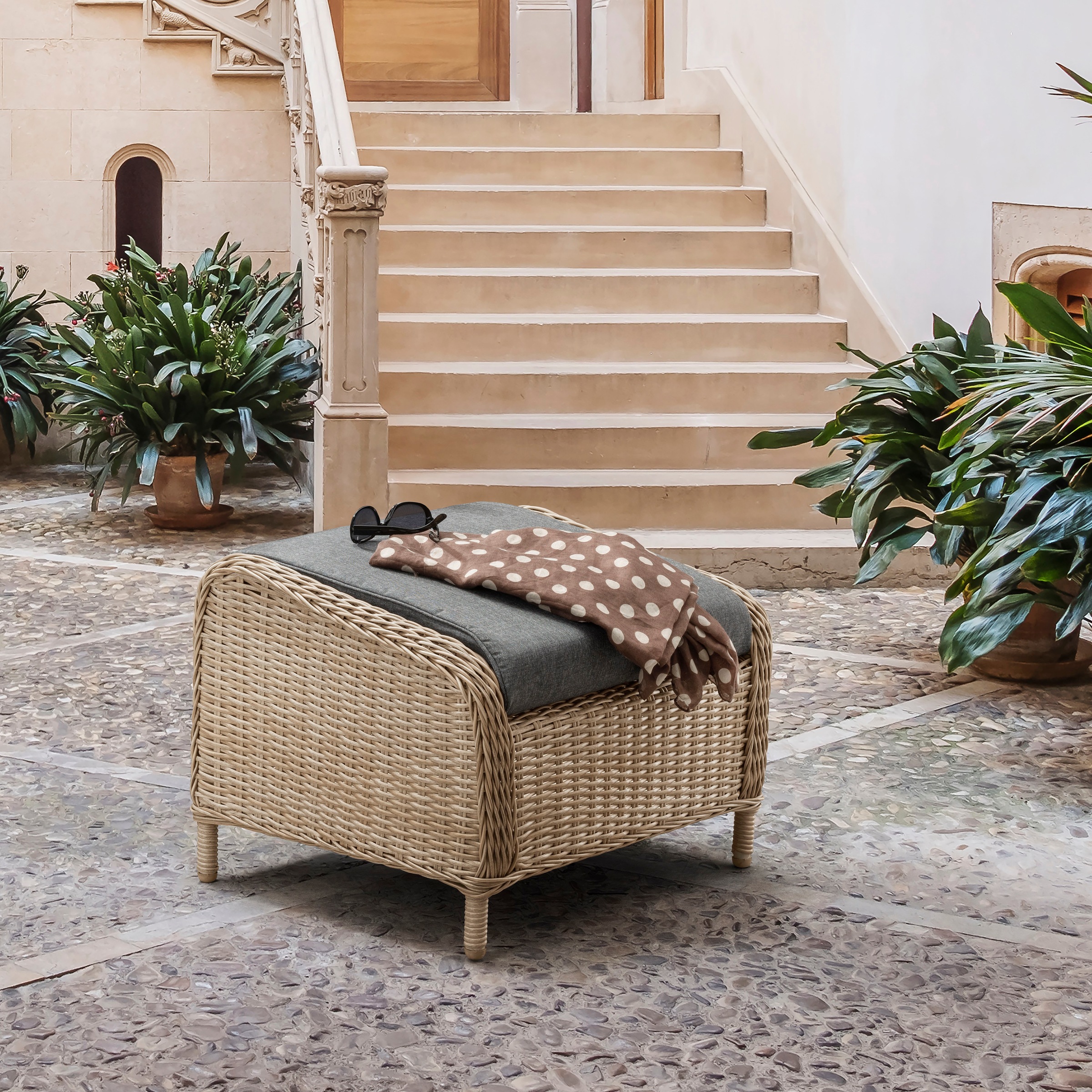 Destiny Gartensessel »PALMA CASA« Set, 2 Stk. tlg. Hochlehner und Fußhocker, natur meliert, Rückenlehne verstellbar