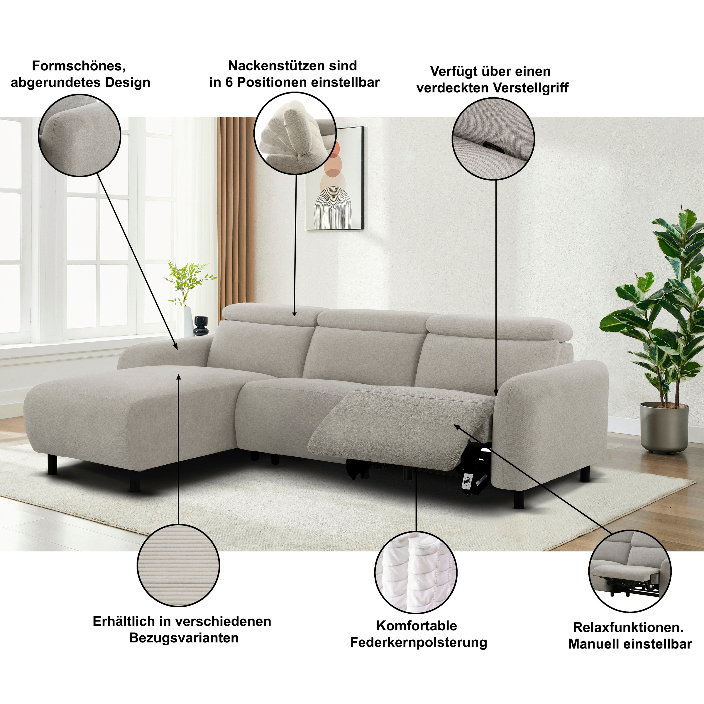 Thumbnail - OTTO home Ecksofa "SKAANE Lederoptik, L-Form, 274 cm, manuelle/elektrische Relaxfunktion," rundes Design, Kopfteilverste...