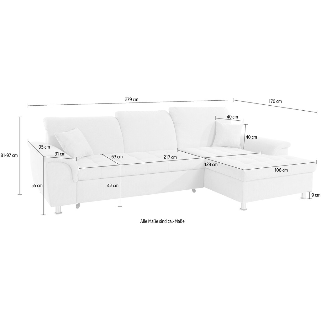 DOMO collection Ecksofa »Franzi«, wahlweise mit Kopfteilverstellung (dann Tiefe: 170 cm)
