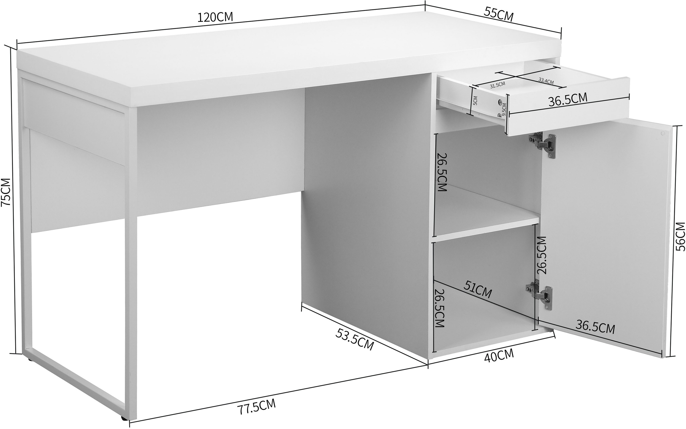 INOSIGN Schreibtisch »Oakley«, (mit 45 mm starker Tischplatte), Schublade, Metallkufe, spiegelverkehrt montierbar, Breite 120 cm