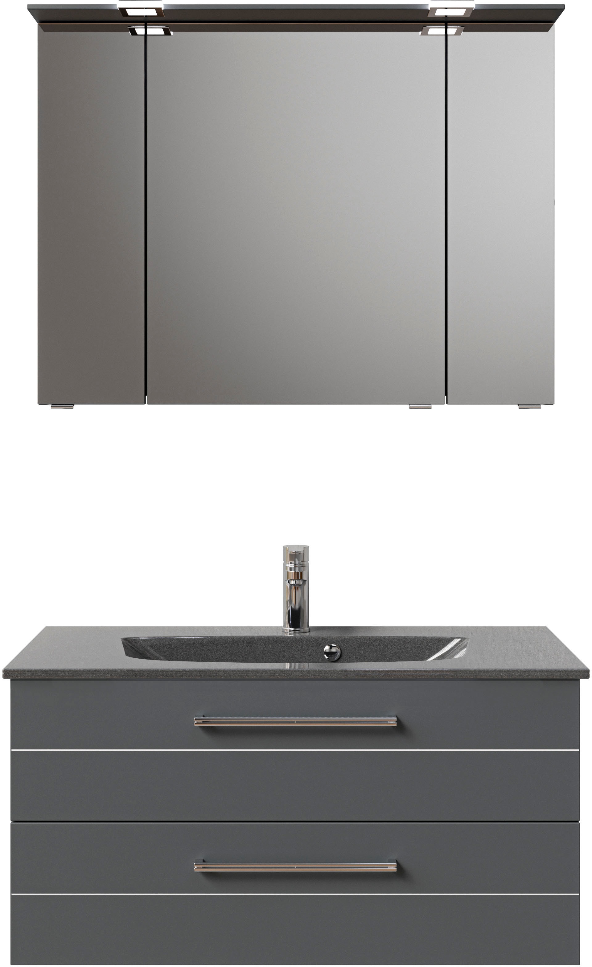 Saphir Badmöbel-Set »Serie 6025 2-teilig Mineralmarmor-Waschtisch mit LED-Spiegelschrank«, (2 St.), Waschplatz 97 cm breit, 2 Schubladen, 3 Spiegel-Türen, inkl Türdämpfer
