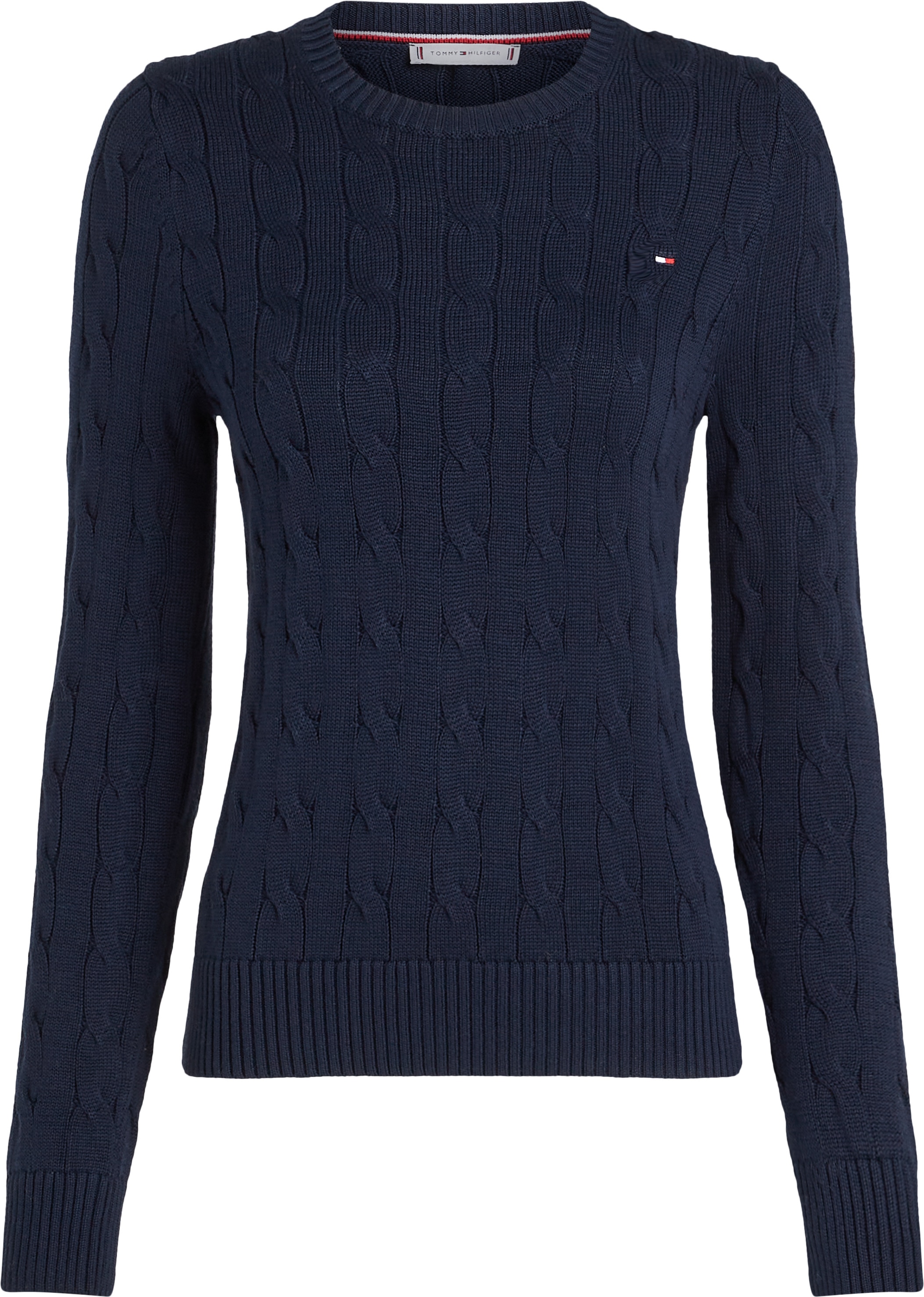 Tommy Hilfiger Rundhalspullover »CO CABLE VAR LS C-NK SWT«, mit Zopfmuster, Logostickerei