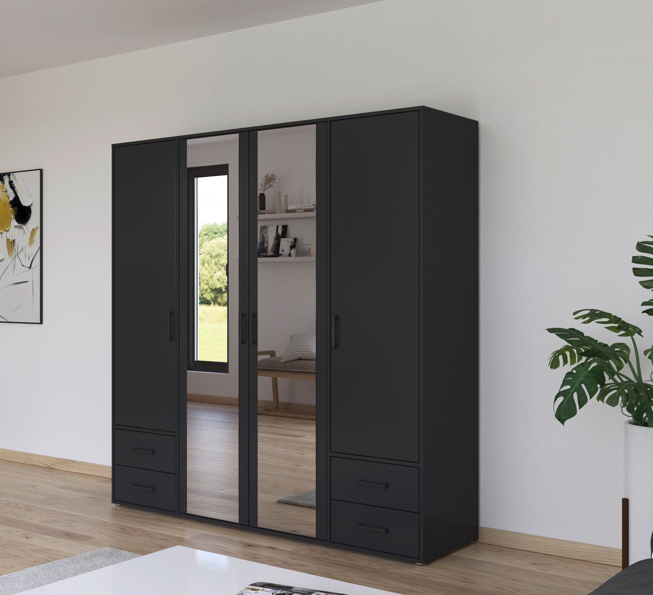 rauch Drehtürenschrank »Kleiderschrank Schrank Garderobe Wäscheschrank VOYAGER«, (in 3 verschiedenen Ausstattungen BASIC/CLASSIC/PREMIUM), mit modernen Griffen in Graumetallic, inkl. Schubkästen und Spiegel