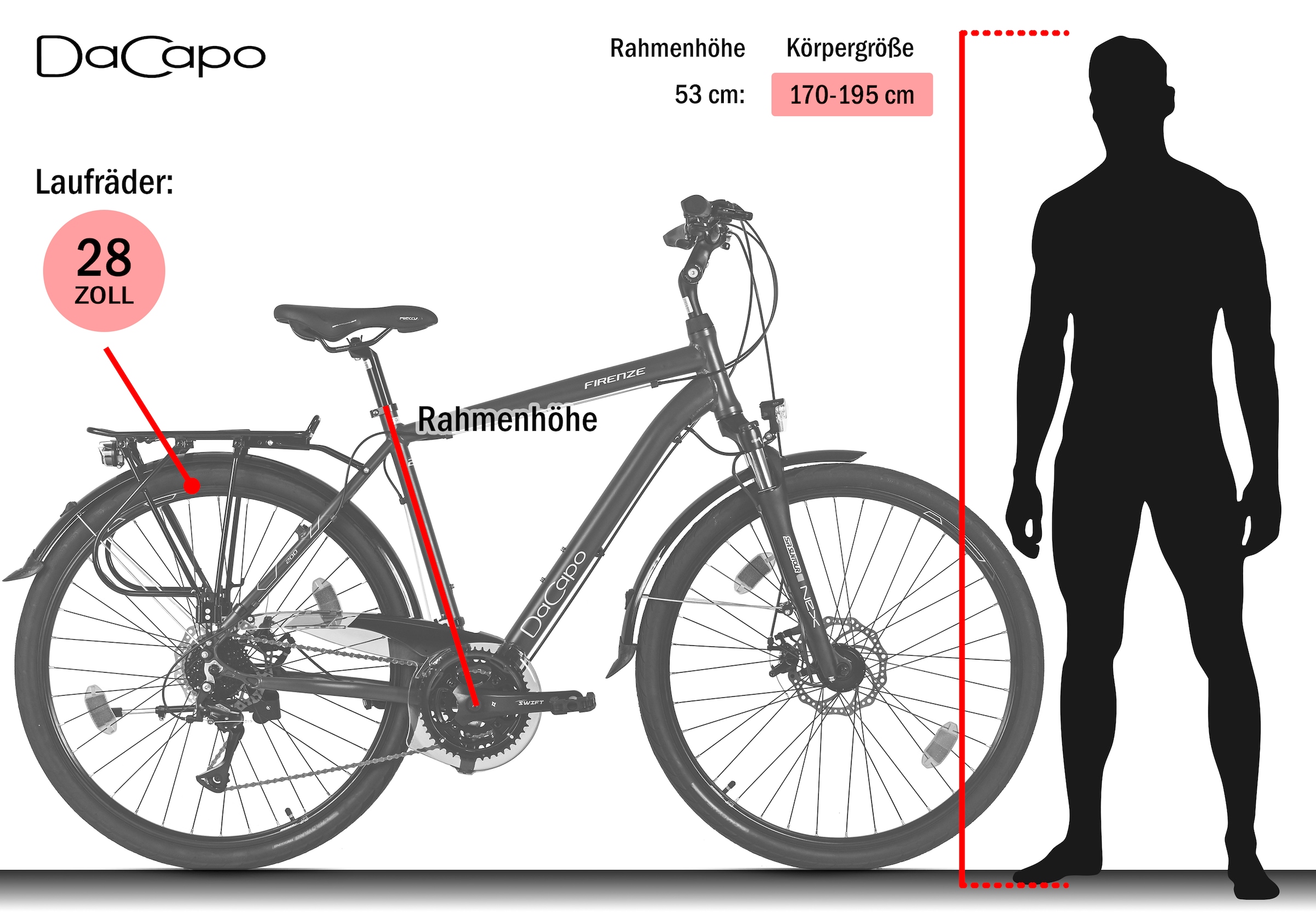 Dacapo Trekkingrad »Firenze 200 Blau 24 Gänge RH 53 cm mechanische Scheibenbremsen« 24 Gang Shimano Acera Schaltwerk Kettenschaltung