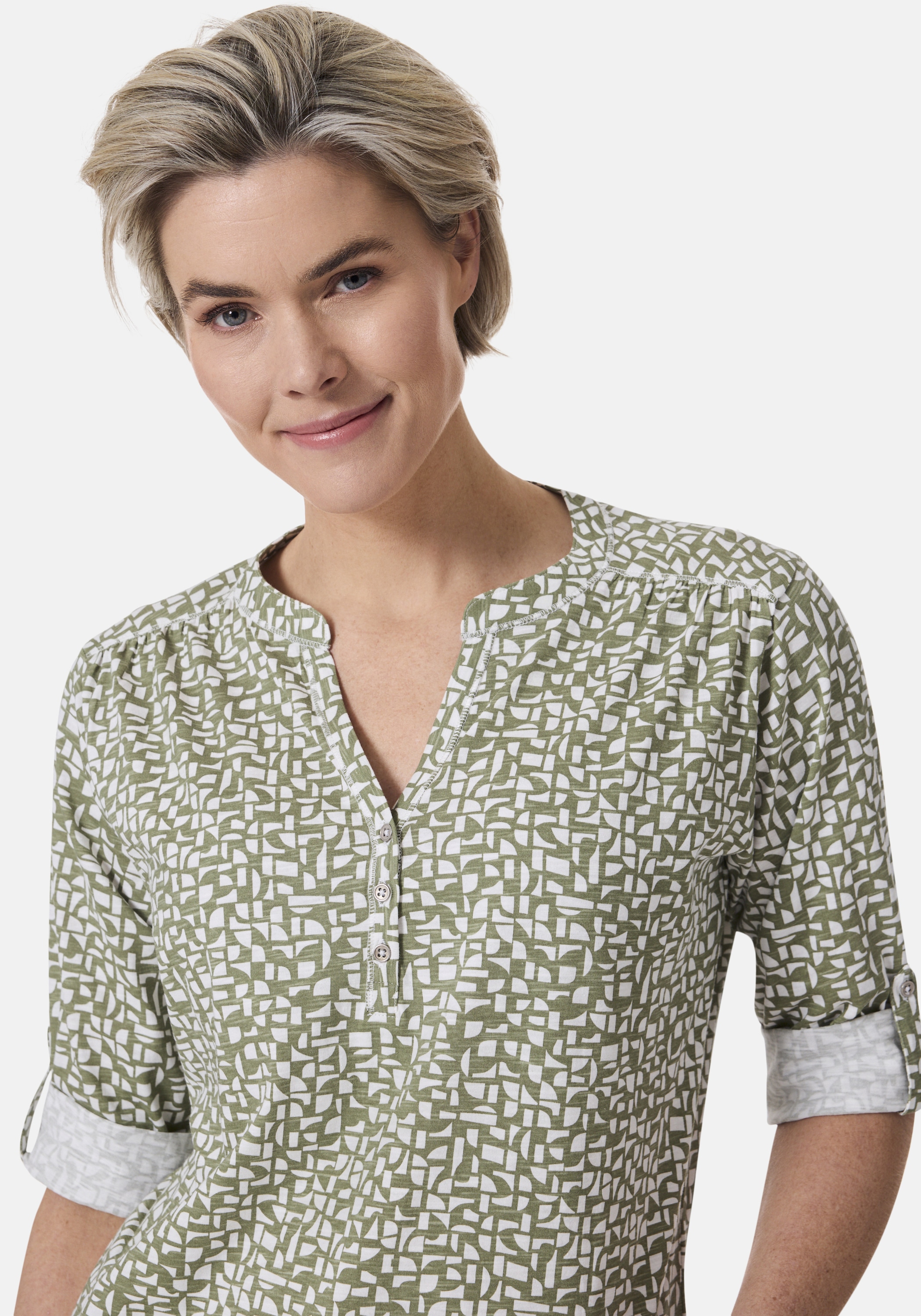 STOOKER WOMEN 3/4-Arm-Shirt »MARIE Print T-Shirt 3/4-Arm«, Regular Fit Slub Yarn Baumwolle Henley Shirt Knopfleiste für Damen