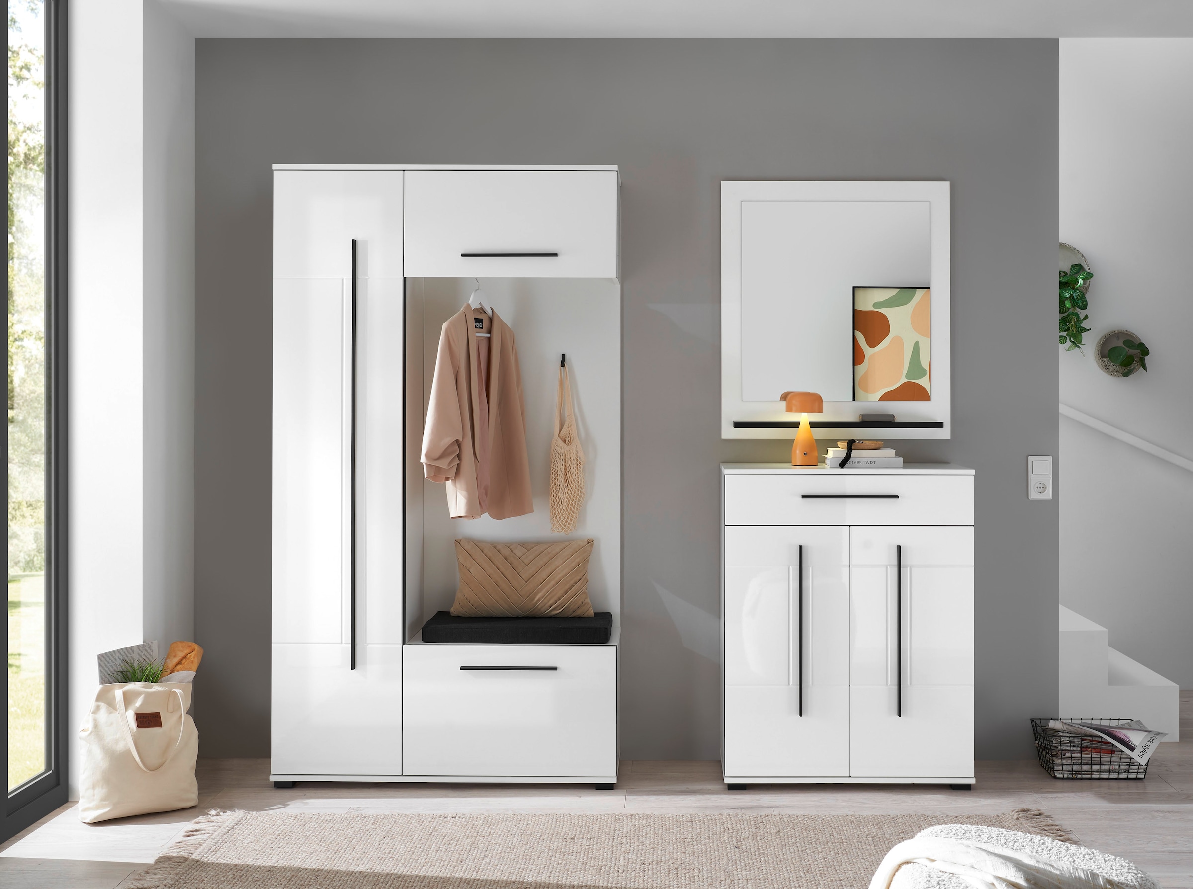 Home affaire Kompaktgarderobe »Cantara Flurgarderobe, modern, 2 Farben, 111 cm breit« 2 Stk. tlg. unterschiedliche Stauraummöglichkeiten, inkl. Sitzkissen