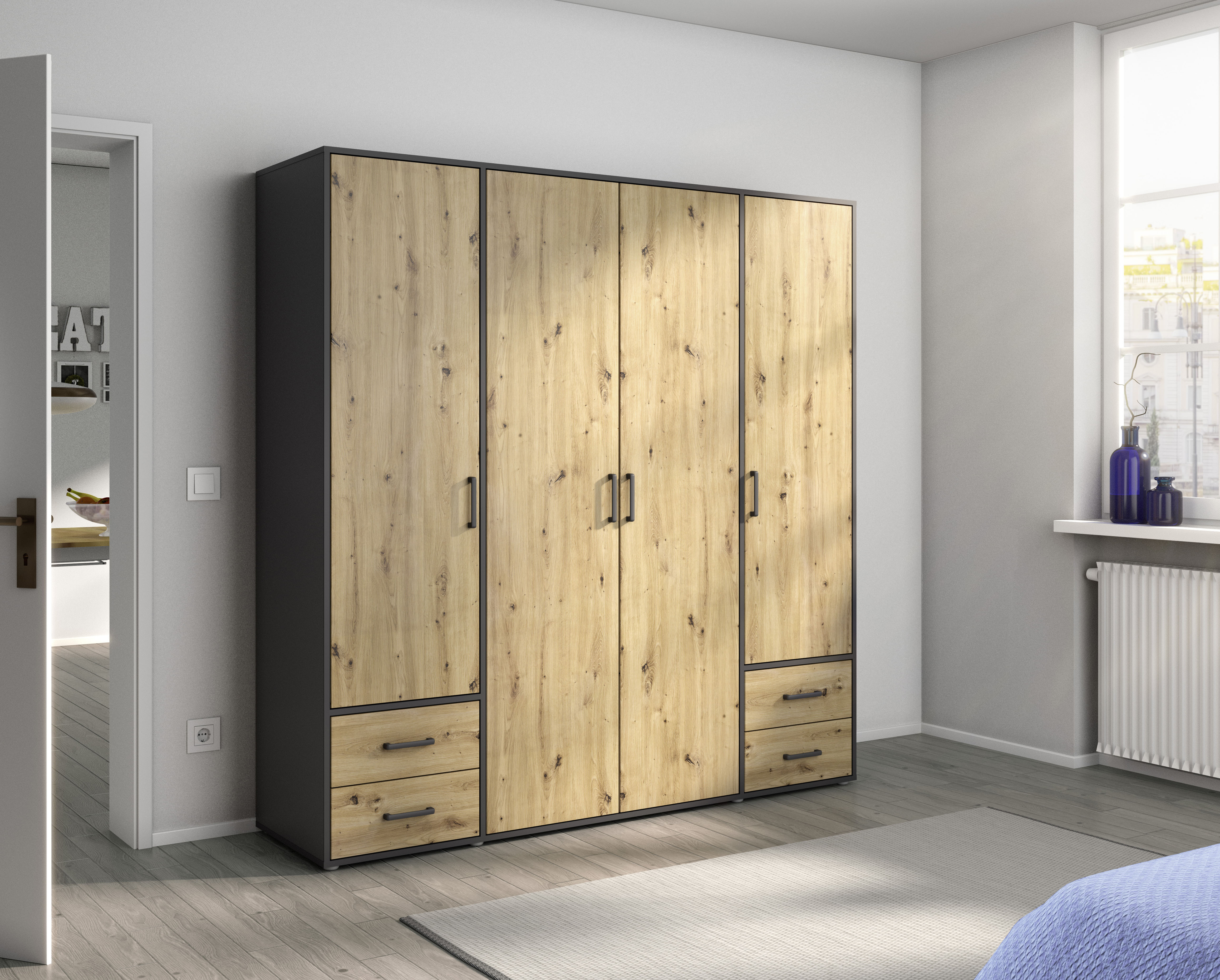 rauch Drehtürenschrank "Kleiderschrank Schrank Garderobe Wäscheschrank VOYAGER" in 3 verschiedenen Ausstattungen BASIC/CLASSIC/PREMIUM, mit 2 modernen Griffvarianten, mit Außenschubladen MADE IN GERMANY