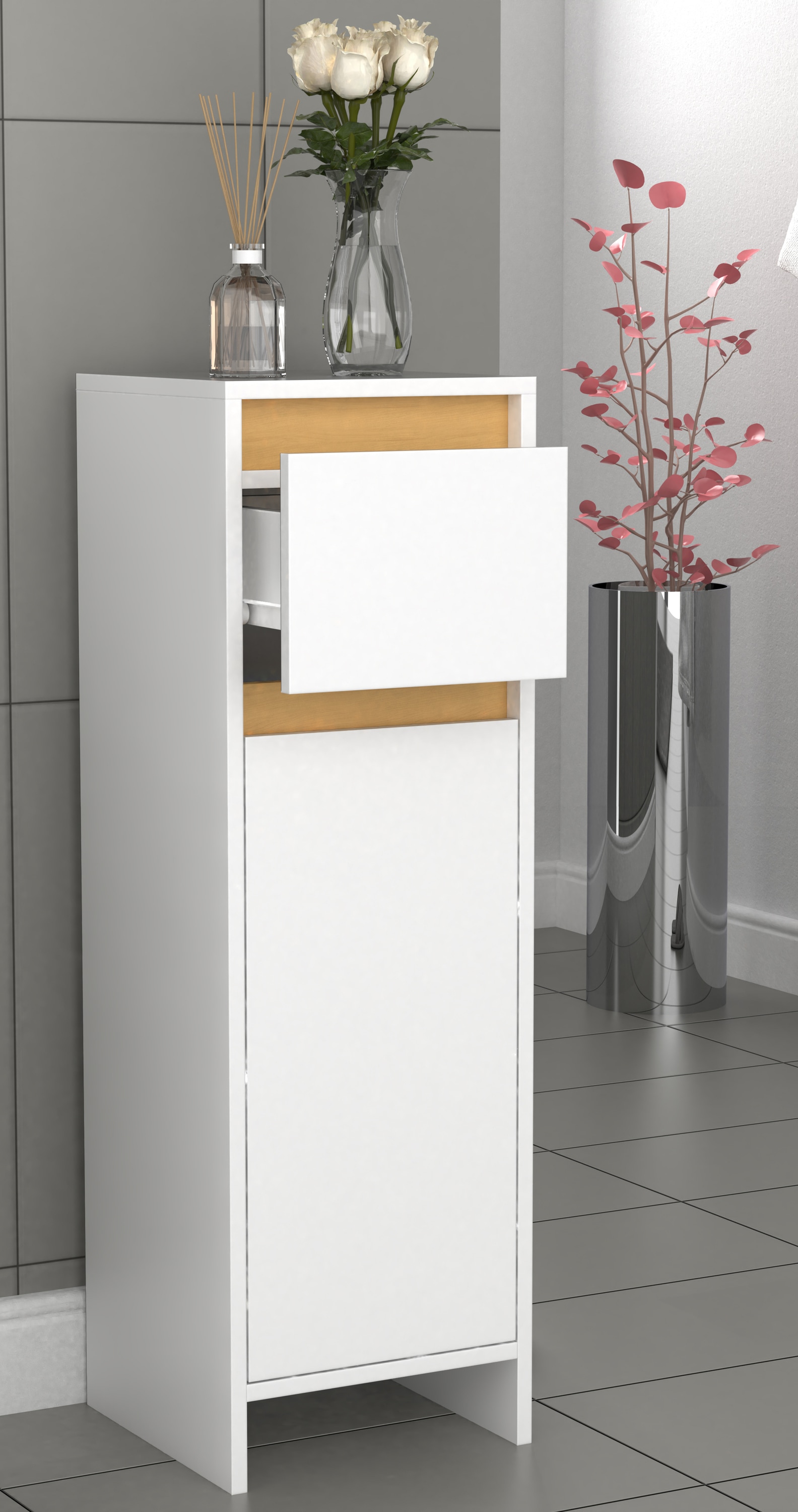 VCM Hochschrank »VCM Holz Midischrank | Badregal | Maße: H. 95 x B. 30 x T. 30 cm | 1 Schublade | 1 große Tür - Malira«, (1 St.)