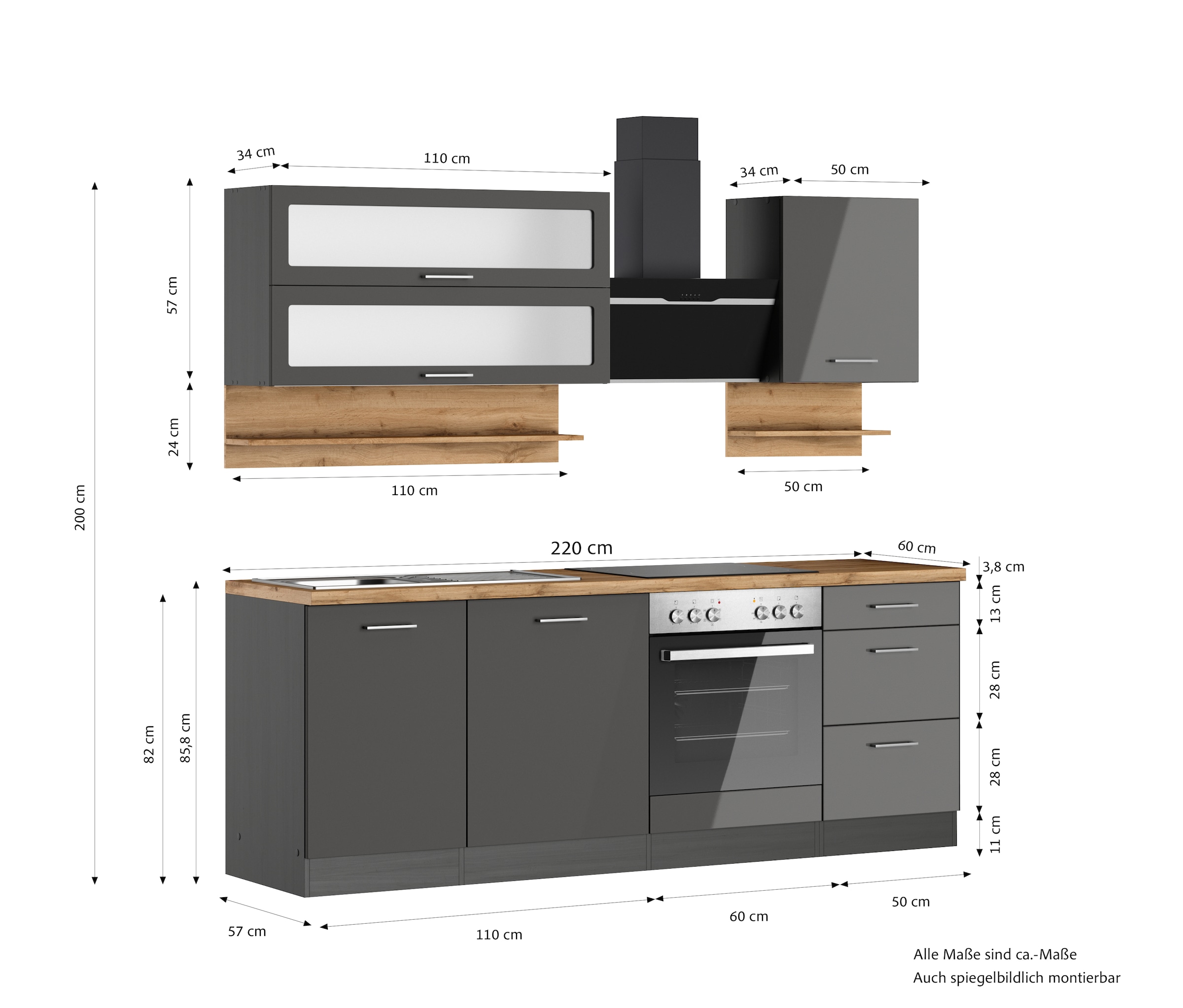 KOCHSTATION Küchenzeile »KS-Milan«, 220 cm breit, robuste Metallauszüge, viel Stauraum