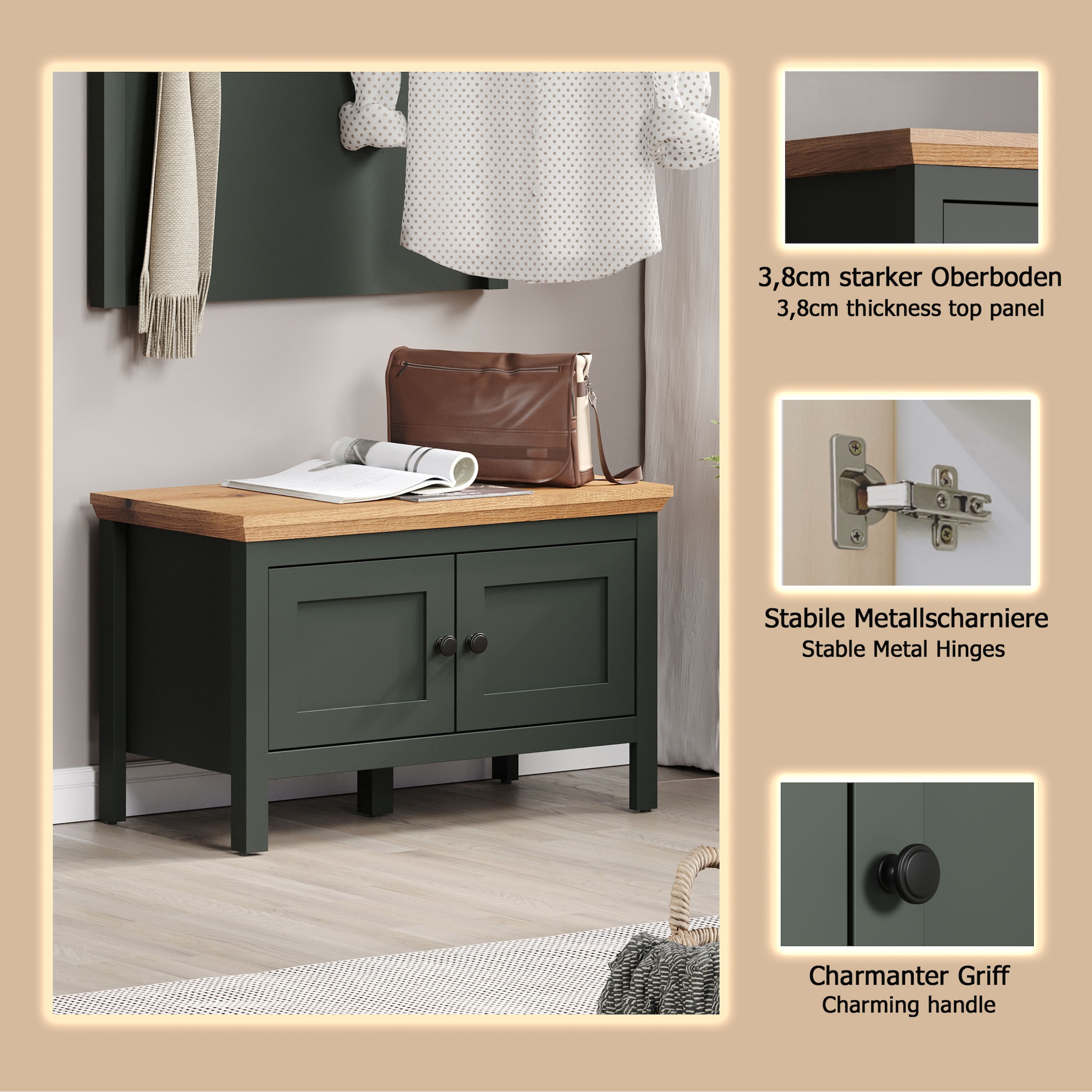 Home affaire Schuhbank »Vienna«, (1 St.), Sitzbank mit 2 Türen & Stauraum - (B/T/H) 77/39/48 cm