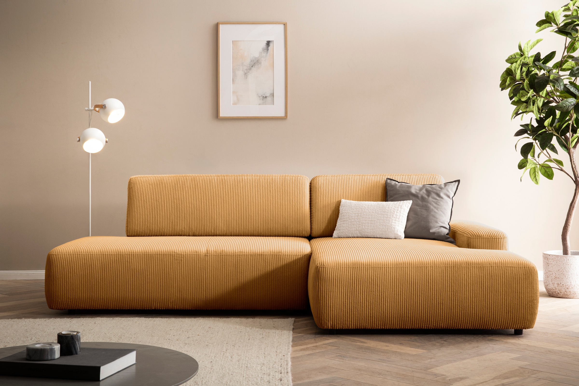 INOSIGN Ecksofa »TORGE, Schlafsofa Cord, Samtvelours u. Strukur fein, Couch in L-Form«, Schlaffunktion und Bettkasten, Liegefläche: 210x125 cm, neues Design