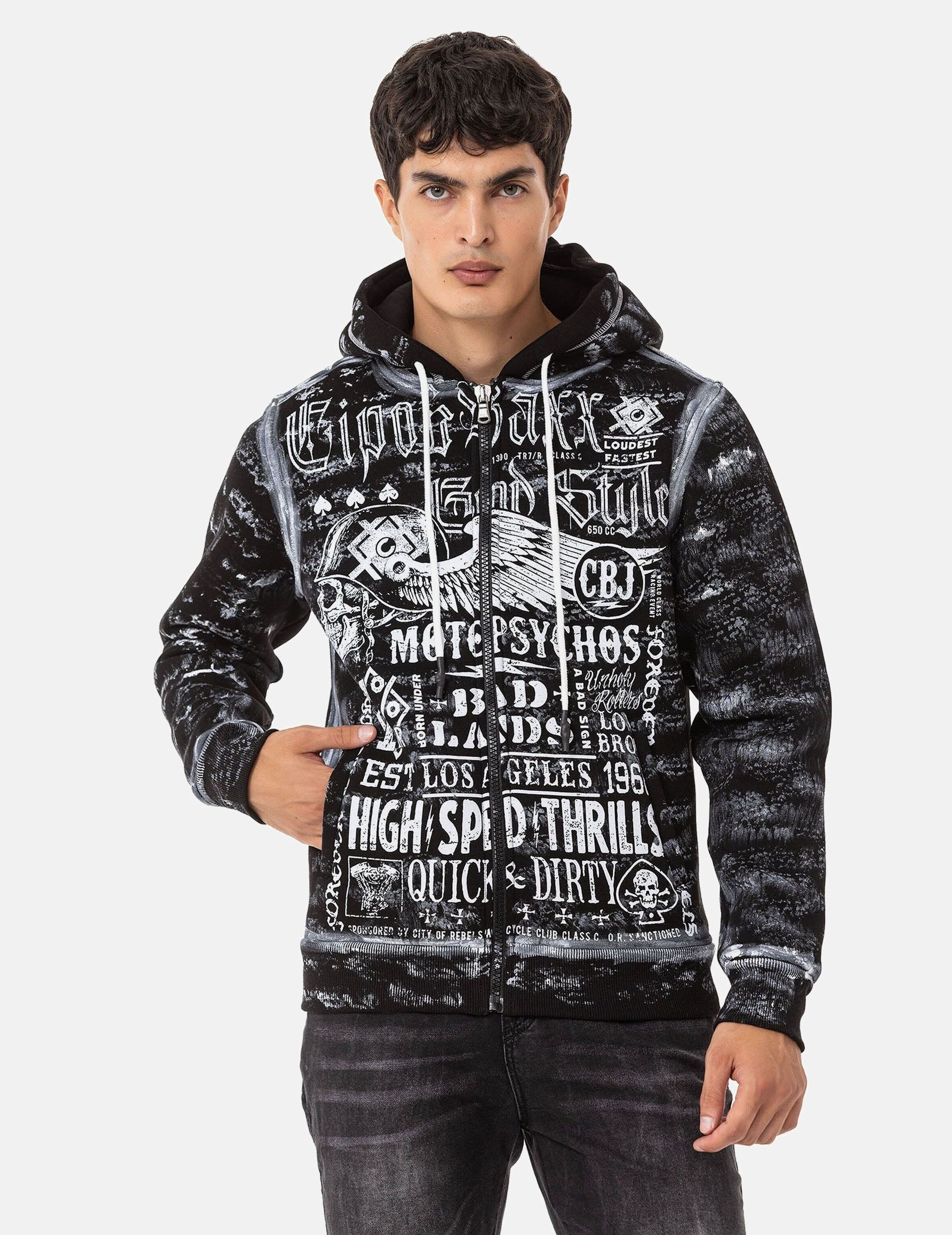 Sweatjacke CIPO & BAXX "Jacken", Herren, Gr. S, schwarz, 70% Baumwolle, 30% Polyester, bedruckt, Basic, regular fit normal, Sweatjacken Sweatjacke, mit auffälligem Print, CL544