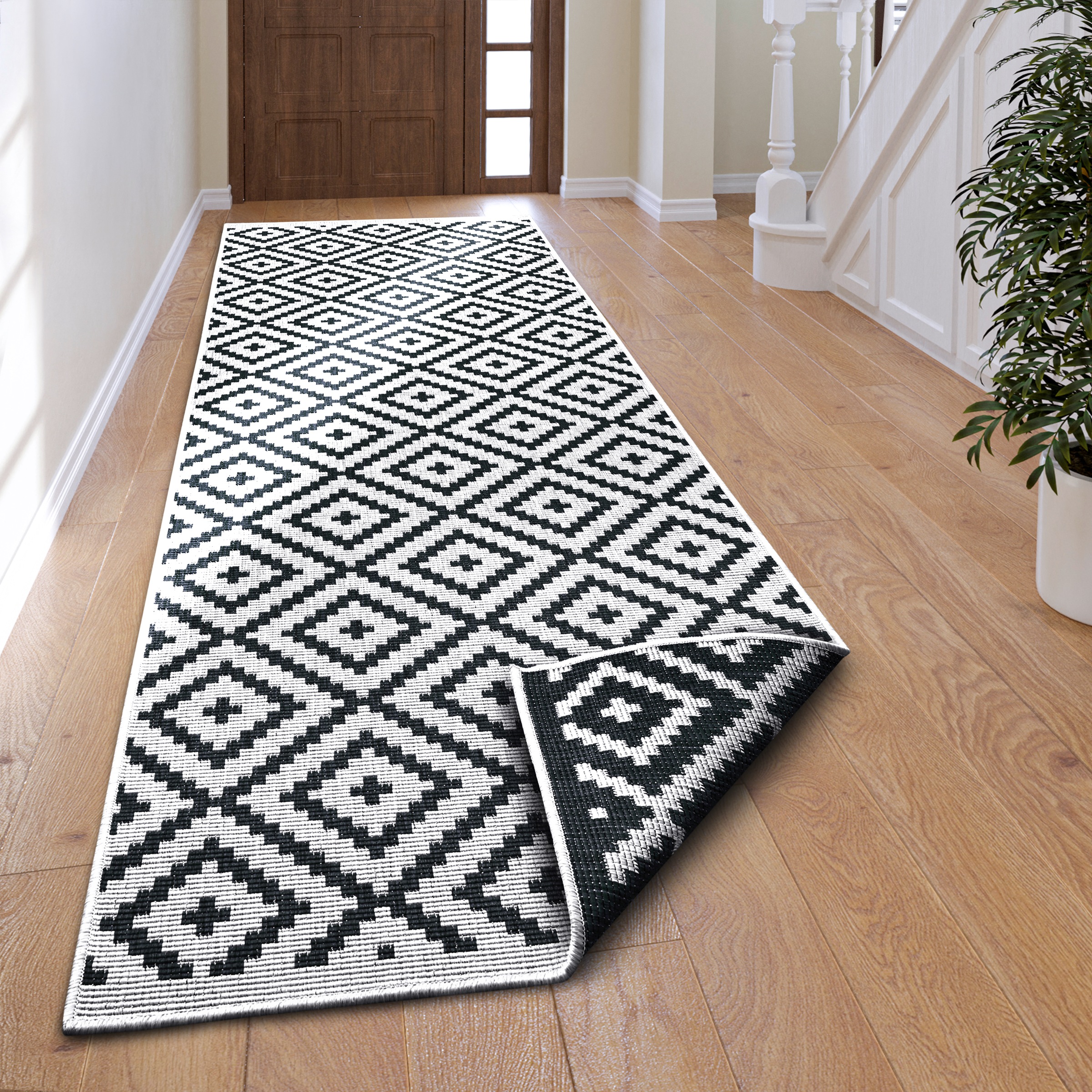 Läufer OTTO HOME "Ronda Wendeteppich" Gr. 12, schwarz (schwarz, creme), B:80cm H:5mm L:250cm, Kunstfaser, Teppiche, Läufer, Sisal-Optik, Flachgewebe, In- und Outdoor, geometrisches Boho Design