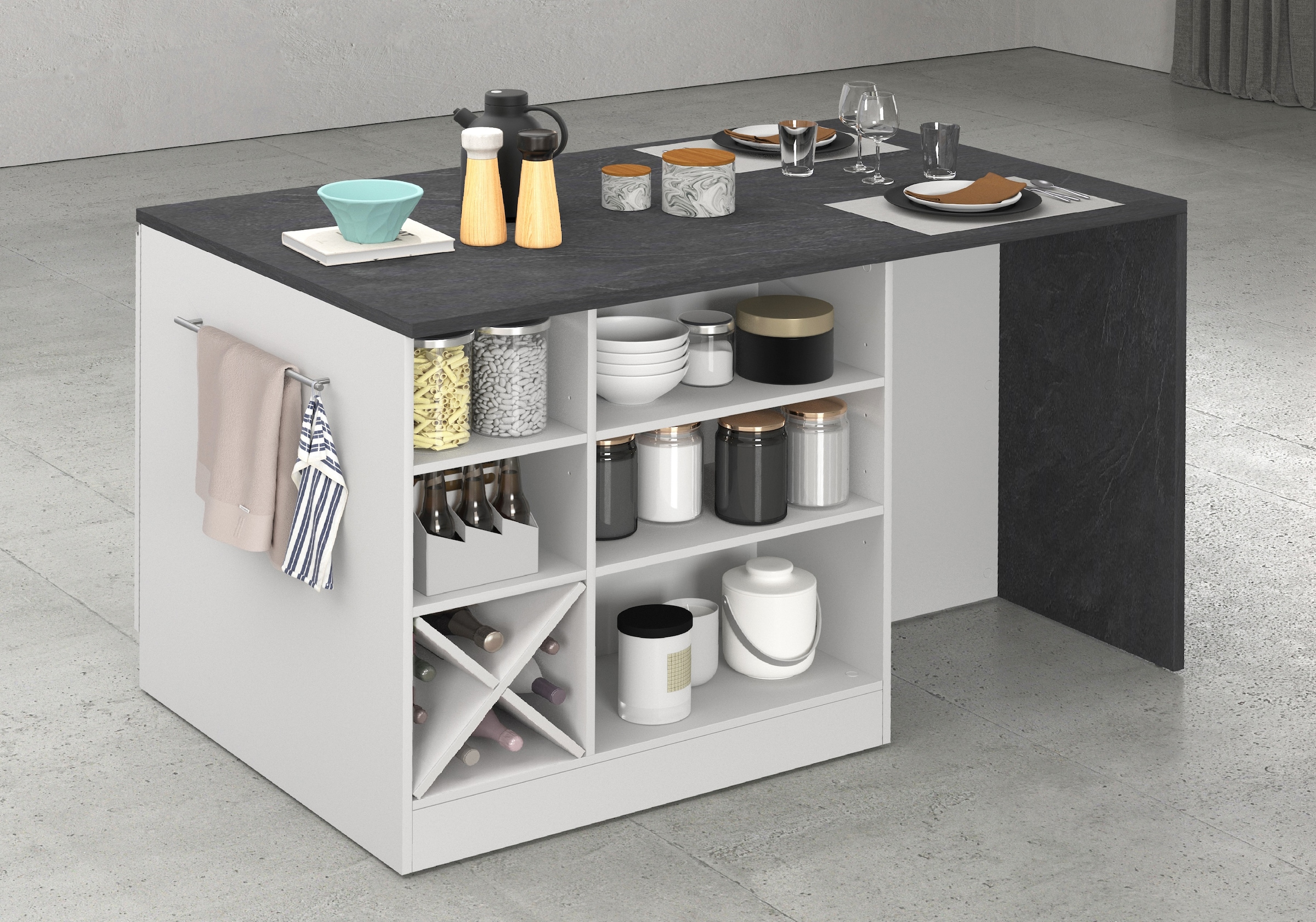 KOCHSTATION Kücheninsel »KS-Sole, Kochinsel, Küchenarbeitsblock, Inselküche, Arbeitsinsel« Breite 152,5 cm, mit Essplatz, Handtuchhalter, Fächer und Weinregal