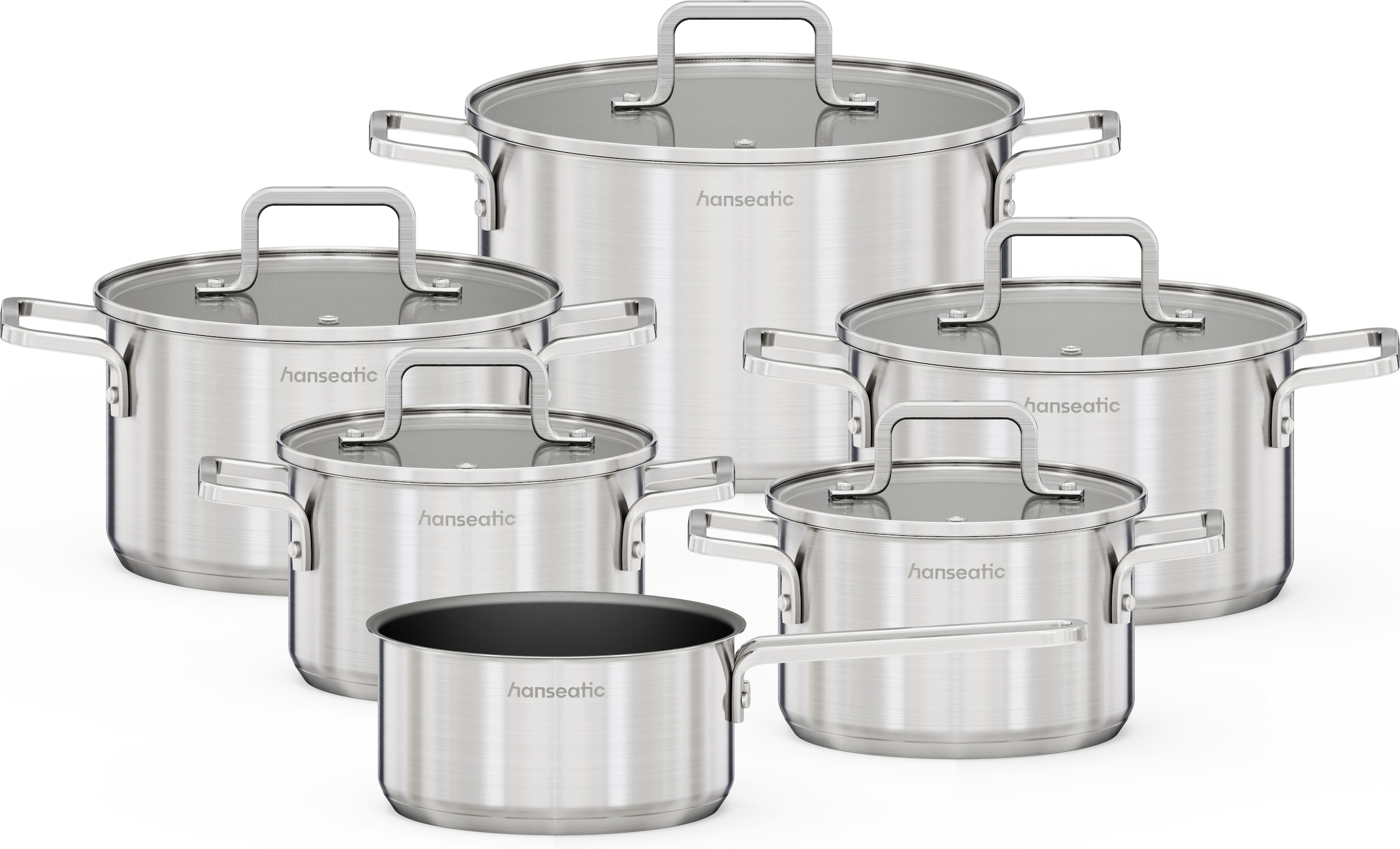 Hanseatic "DAILY, mit Antihaftbeschichtung" Set, Stielkasserolle 16 cm, Kochtopf 2x16/2x20/1x24 cm, 11 tlg. Edelstahl 18/10