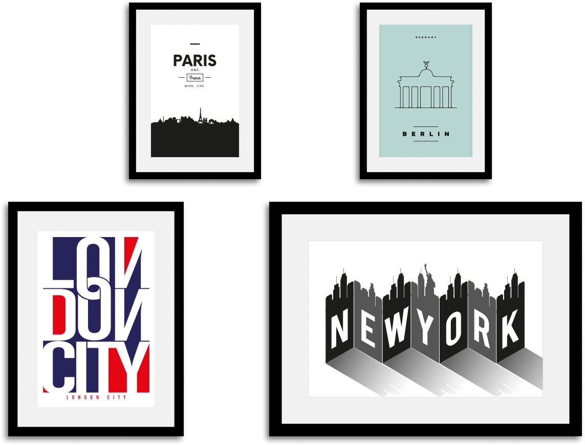 queence Bild »Metropole«, Städte-Abstrakt-Schwarz-Weiß-Amerika-Frankreich-Schriftzug-Schriftzüge, (4 St.), gerahmt