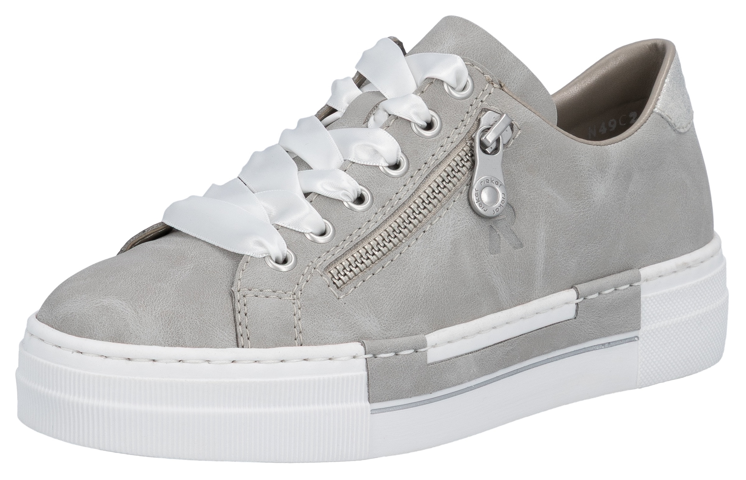 Plateausneaker RIEKER, Damen, Gr. 37, grau (hellgrau), Nubuklederimitat, Schuhe Damenschuh Skaterschuh Plateausneaker Sneaker, mit Zier-Reißverschluss, Freizeitschuh, Halbschuh, Schnürschuh, Topseller