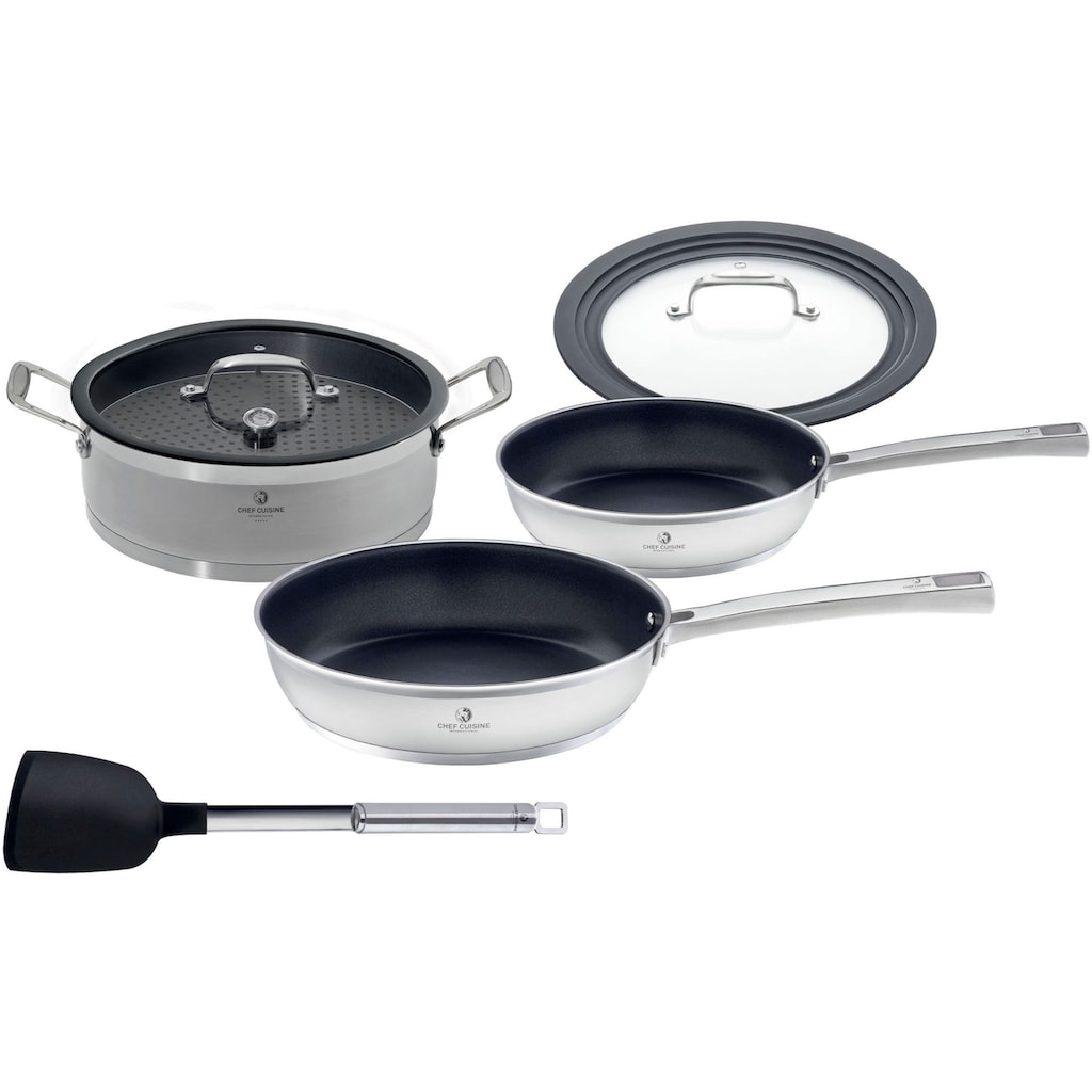 CHEF CUISINE International Pfannen-Set »Chef Cuisine«, Edelstahl 18/10, (Set, 5 tlg., 1 Dampfgarer, je 1 Bratpfanne 24/28 cm, 1 Universalglasdeckel 24-28 cm)