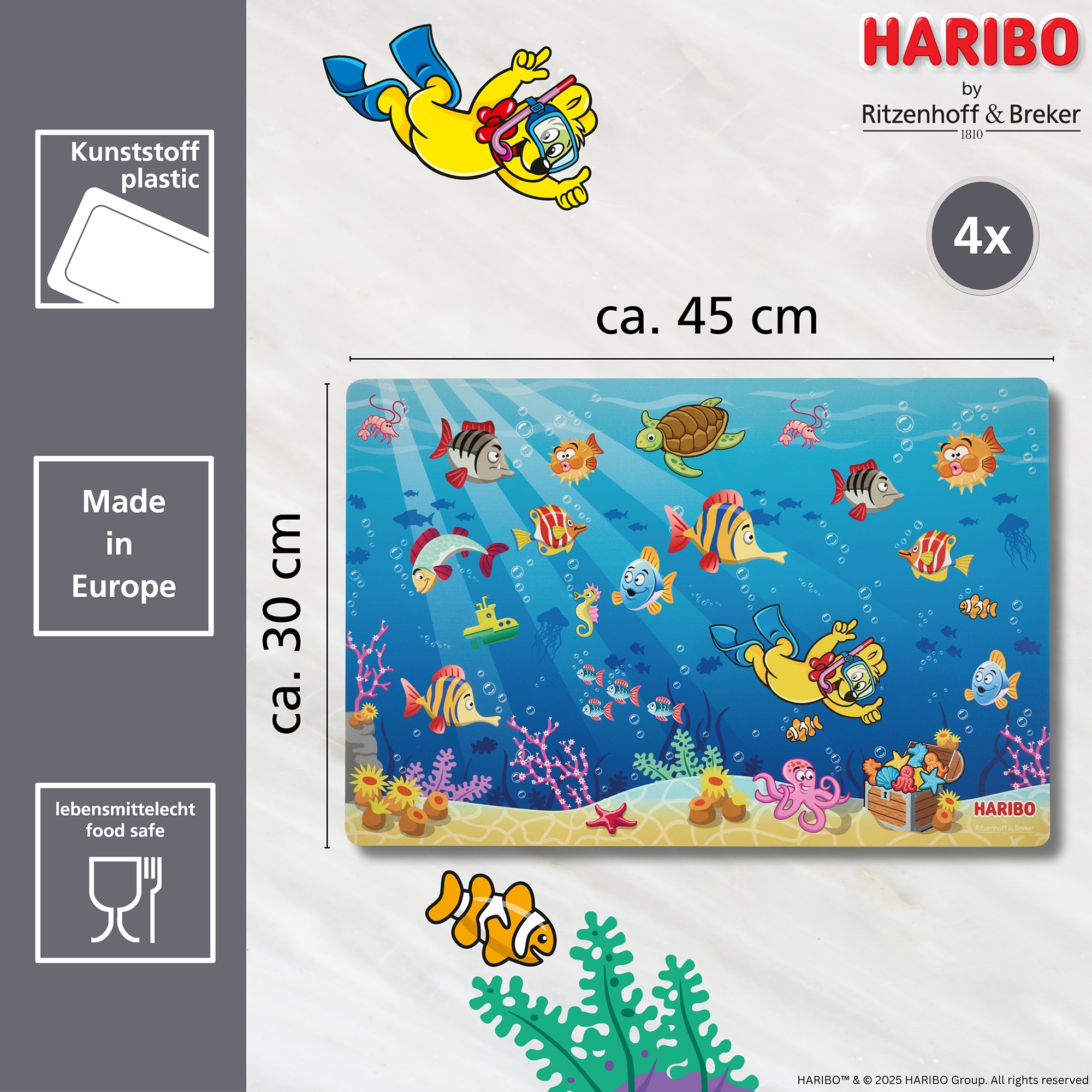Ritzenhoff & Breker Platzset »HARIBO Seaworld, 4-teilig, 45 x 30 cm«, (Set, 4 St.), rutschfest und abwischbar