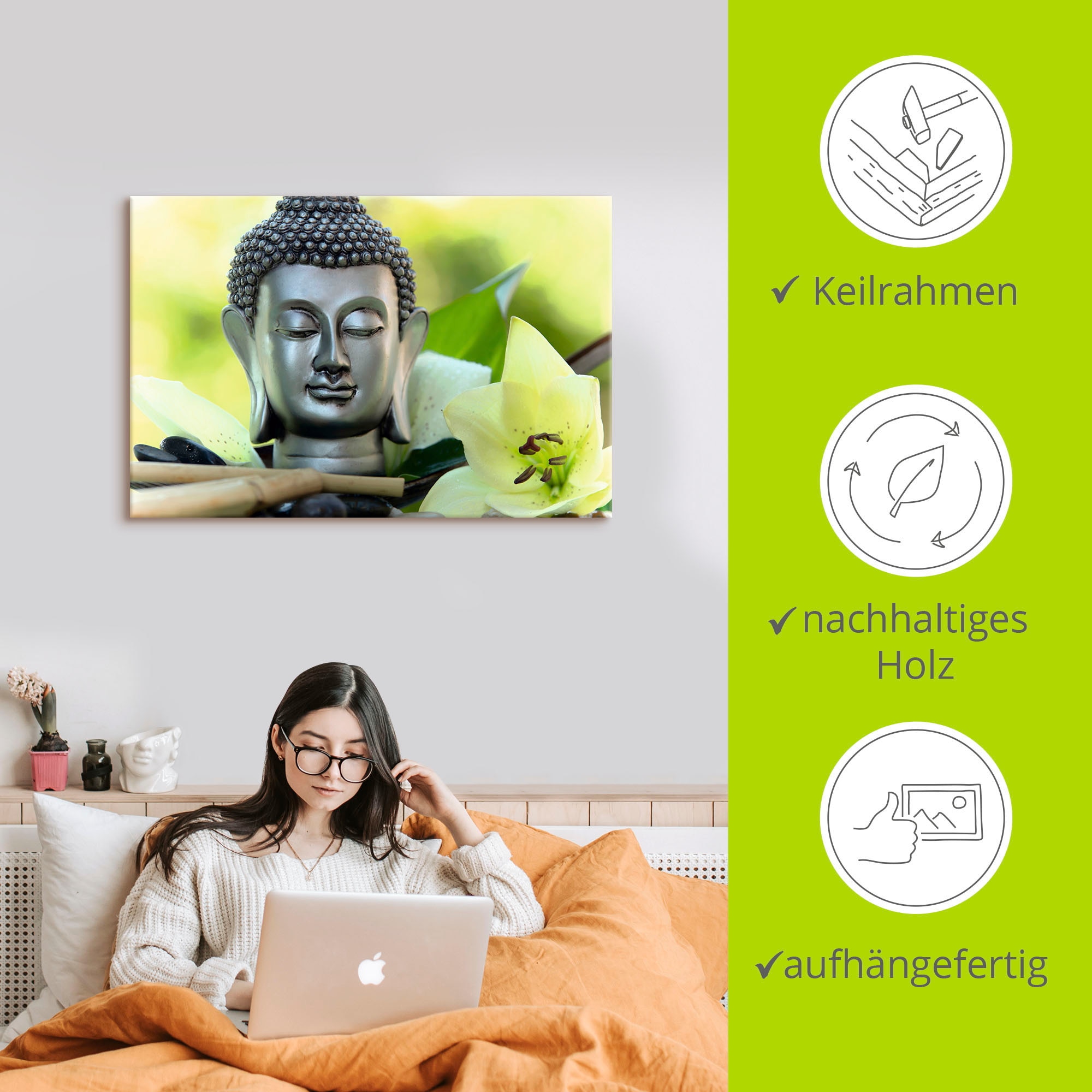 Artland Wandbild »Entspannung und Ruhe mit Buddha«, Buddhismus, (1 St.), als Alubild, Outdoorbild, Leinwandbild, Poster, Wandaufkleber