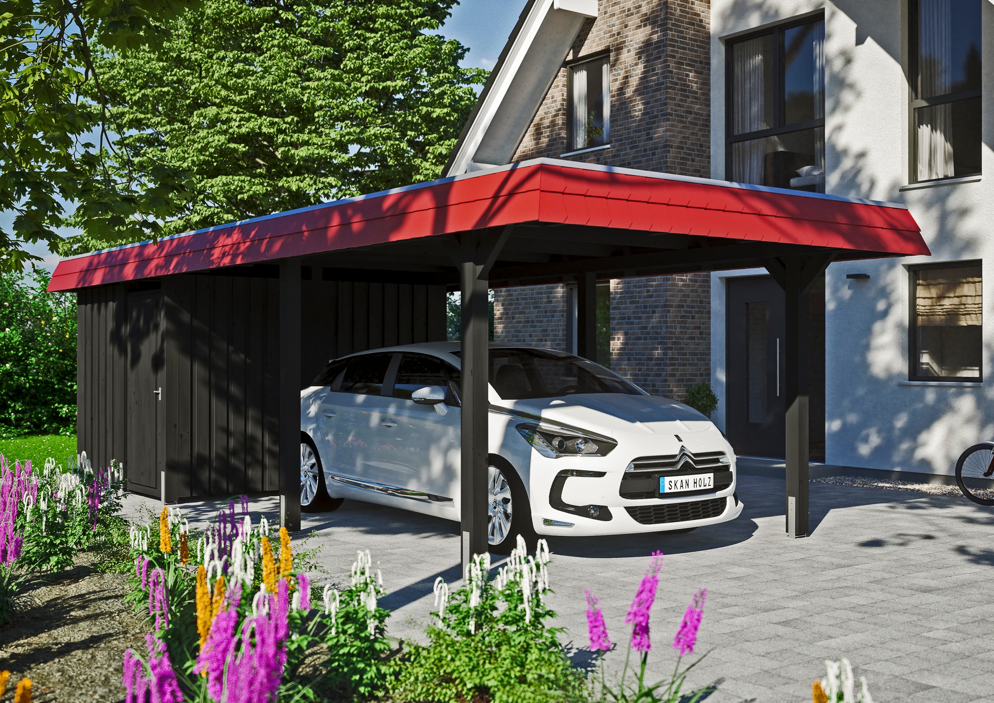 Skanholz Einzelcarport »Wendland«, Holz, 291 cm, Anthrazit, rote Blende