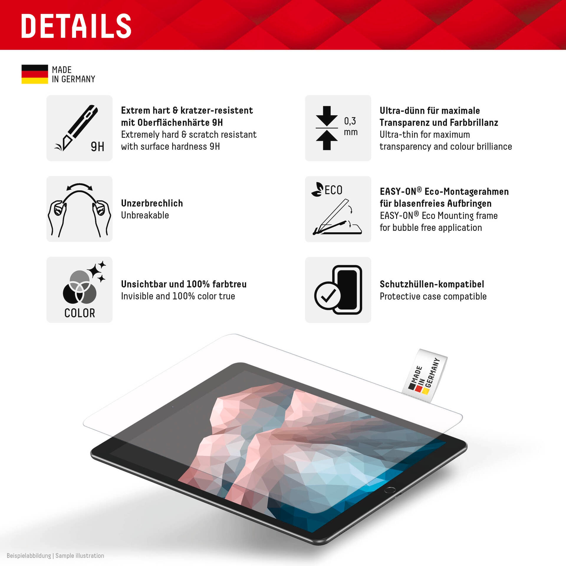 Displex Displayschutzglas »Tablet Glass«, für Samsung Galaxy Tab A9+, Bildschirmschutz, Schutzglas, Splitterschutz, kratzfest