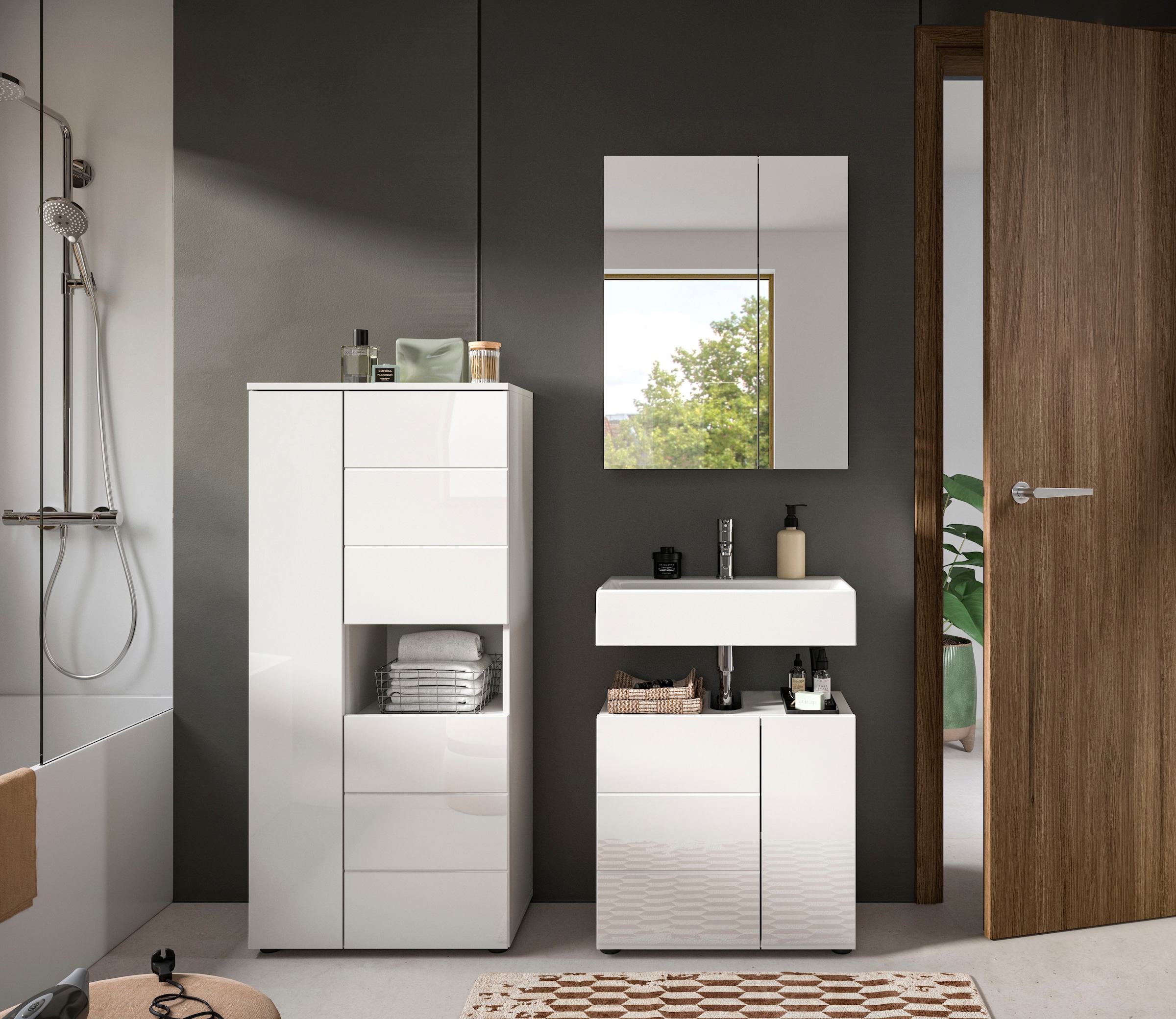 welltime Badmöbel-Set "Biel, Höhe 190 cm, Midischrank, Unterschrank, Spiege günstig online kaufen