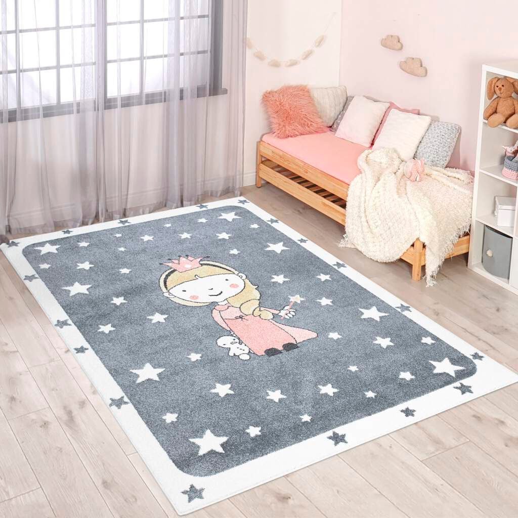 Carpet City Kinderteppich "ANIME893", rechteckig, 11 mm Höhe, Kinderzimmer Teppich Modern mit Mond, Blumen, Wolken, Crem