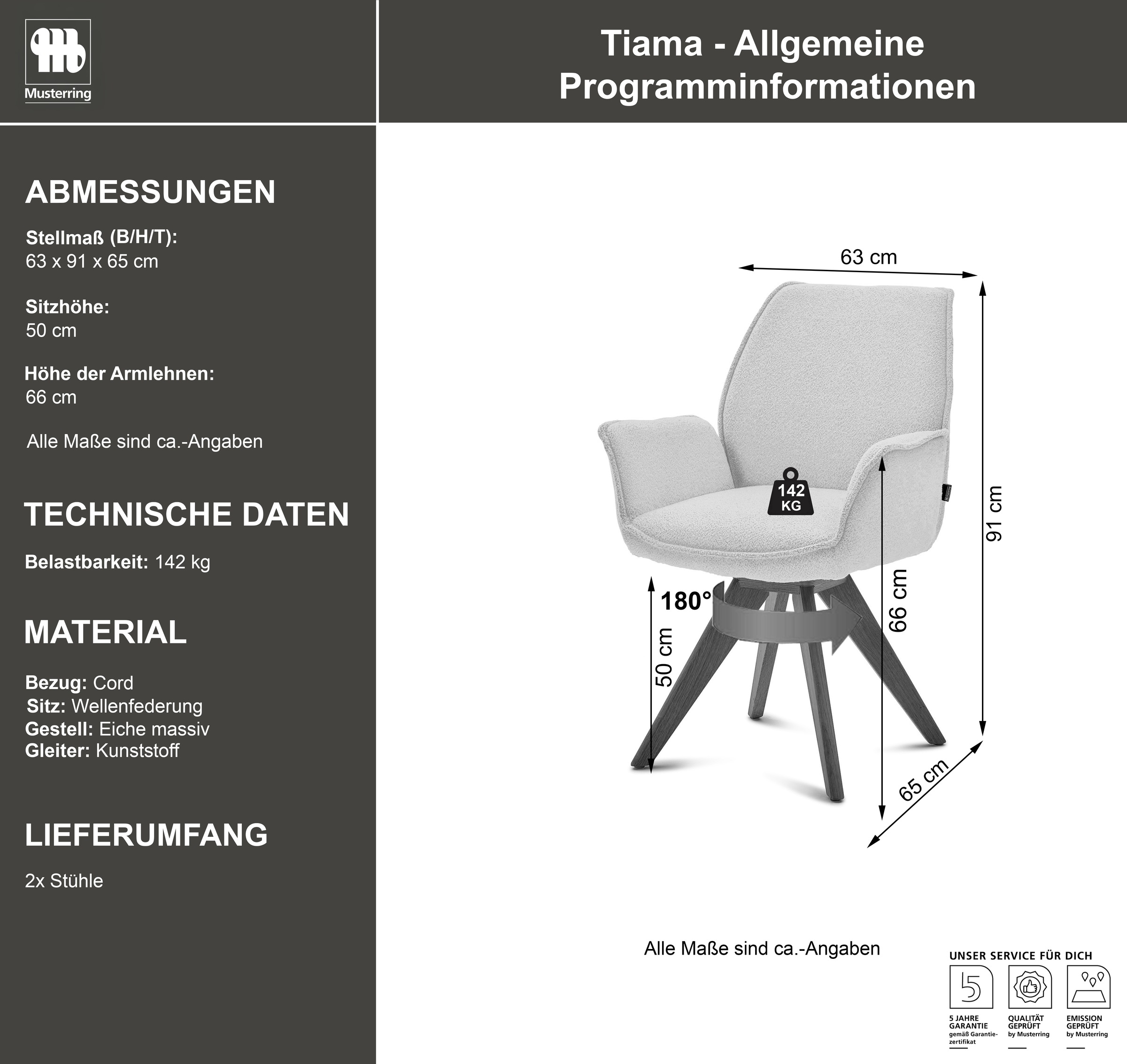Musterring Esszimmerstuhl »Tiama«, (Set), 2 St., Cord, Stativgestell Eiche massiv, 180° drehbar, Stoff Cord oder Bouclé