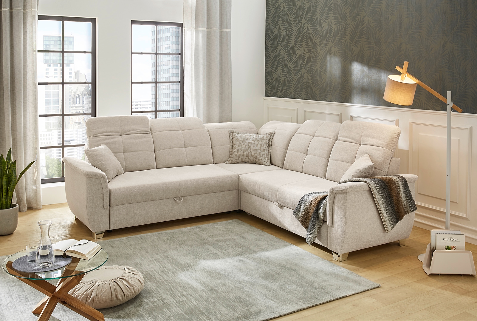 Jockenhöfer Gruppe Ecksofa "Udine L-Form, B: 263 cm" mit Schlaffunktion, Bettkasten, Kopfteilverstellung & Zierkissen