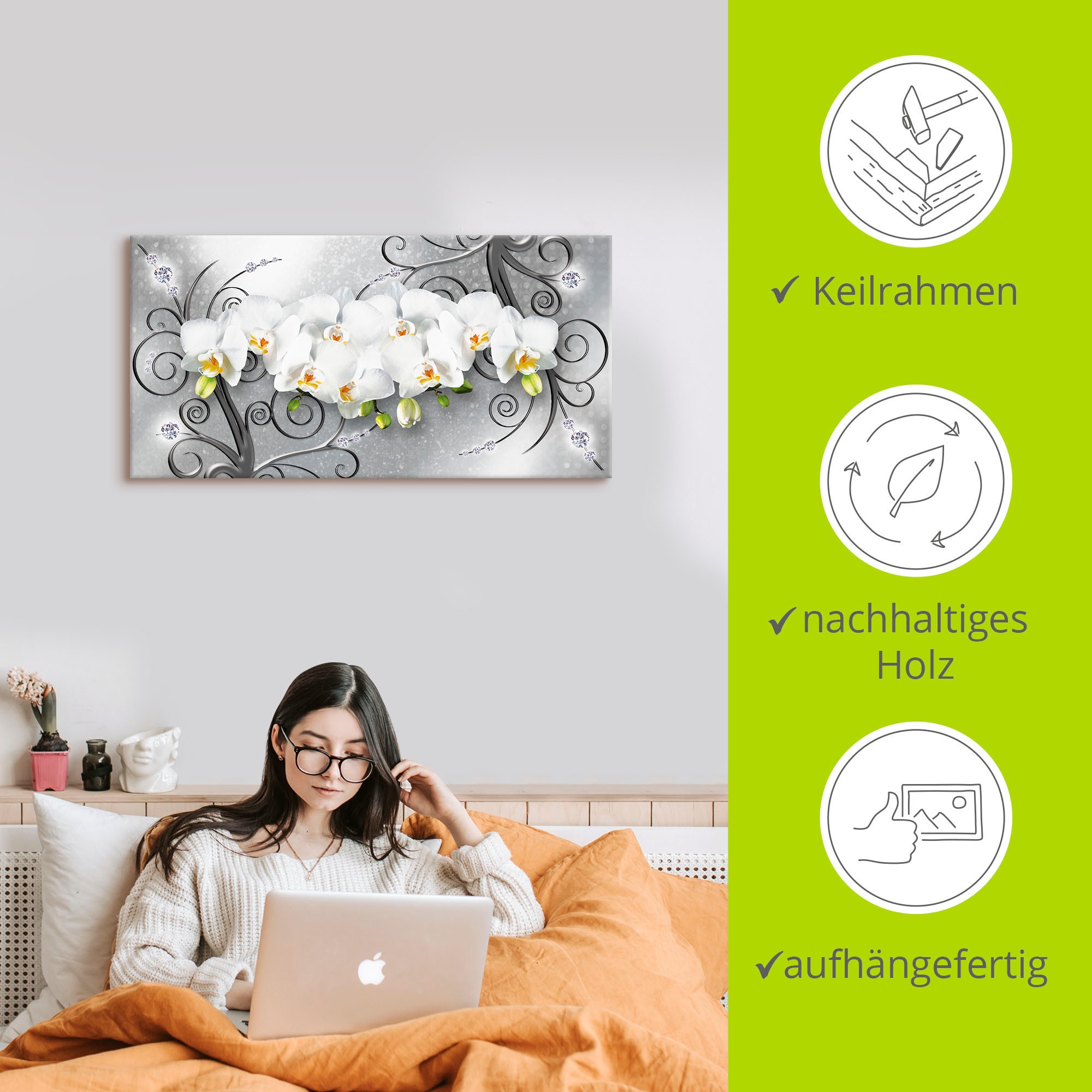 Artland Wandbild »weiße Orchideen auf Ornamenten«, Blumenbilder, (1 St.), als Alubild, Outdoorbild, Leinwandbild, Poster, Wandaufkleber