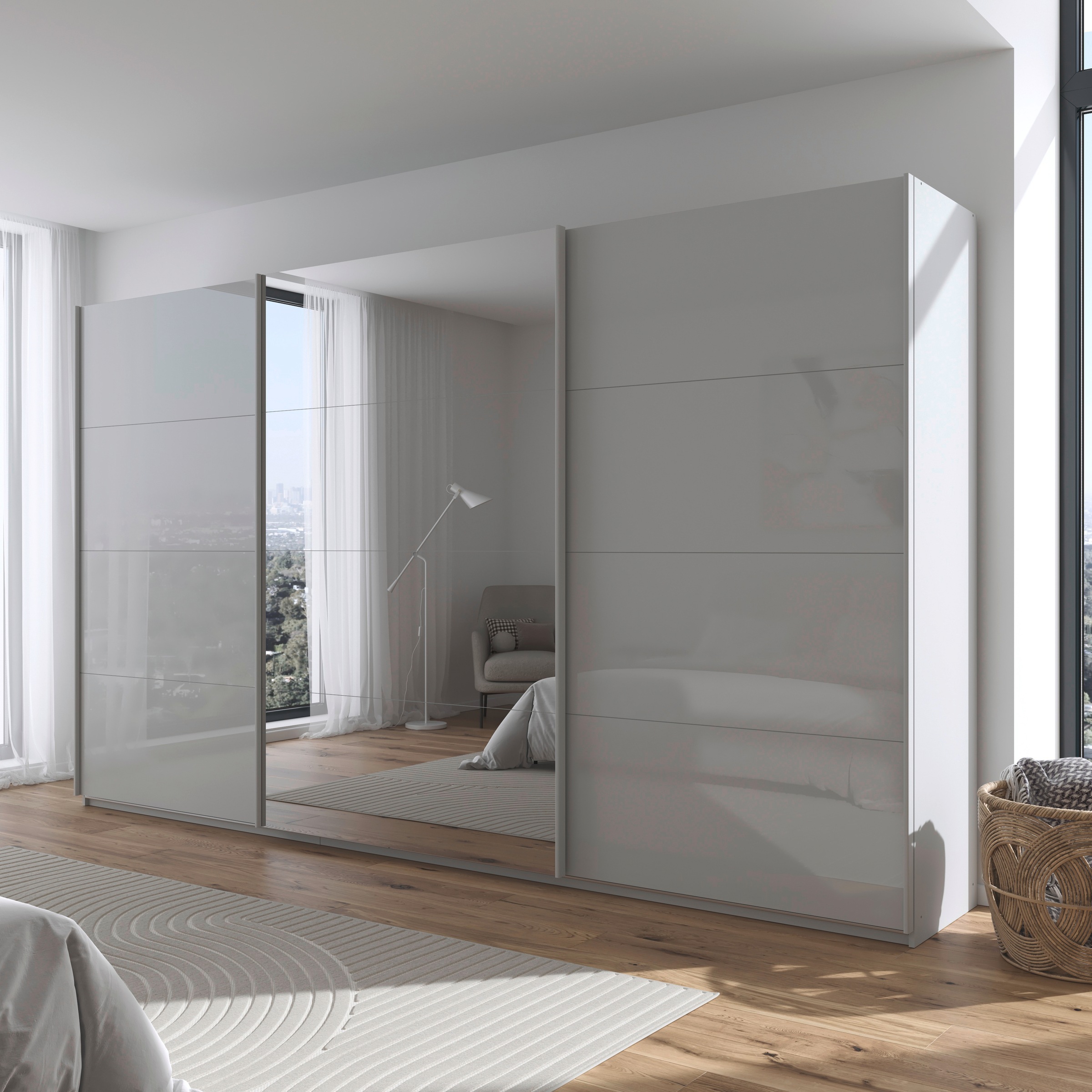 rauch Schwebetürenschrank »Kleiderschrank Kleiderschränke Schrank Garderobe AGORDO mit Glasfront«, durchdachte Innenausstattung, in 4 Breiten und 2 Höhen MADE IN GERMANY