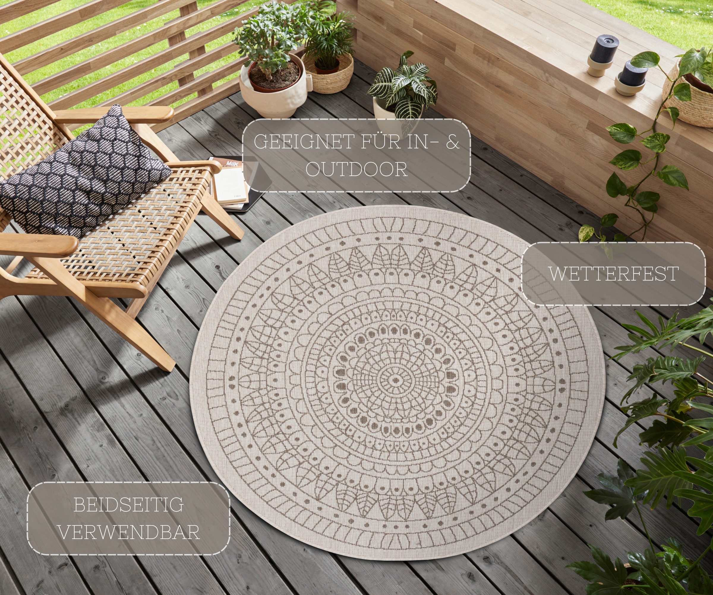 NORTHRUGS Teppich »Porto Wendeteppich«, rund, 5 mm Höhe, In-& Outdoor, Wetterfest, Balkon, Garten, Wohnzimmer, Wasserfest
