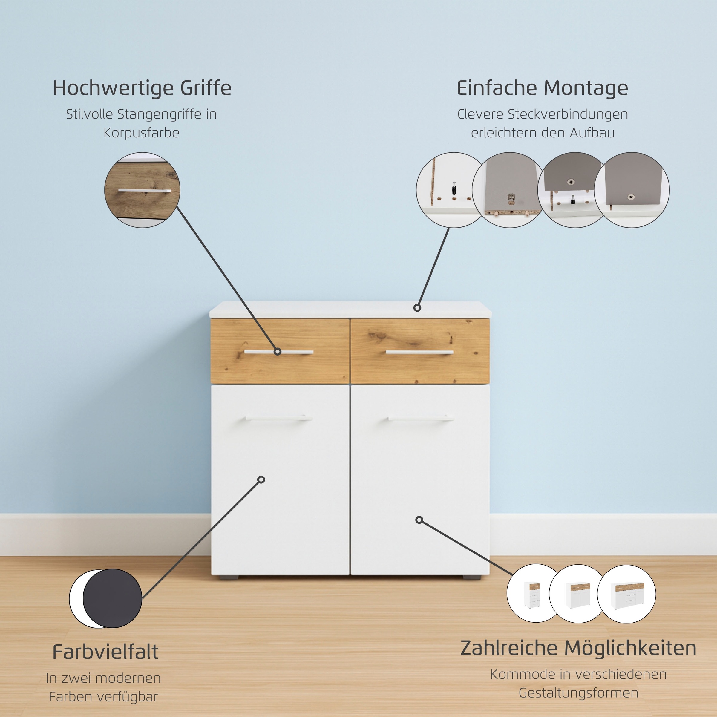 rauch Kombikommode »Sideboard Kommode Schubladenkommode Türenkommode BOSTON-EXTRA« B/H/T: 80/81/42 cm,  mit 2 geräumigen Schubladen, Einlegeboden verstellbar MADE IN GERMANY
