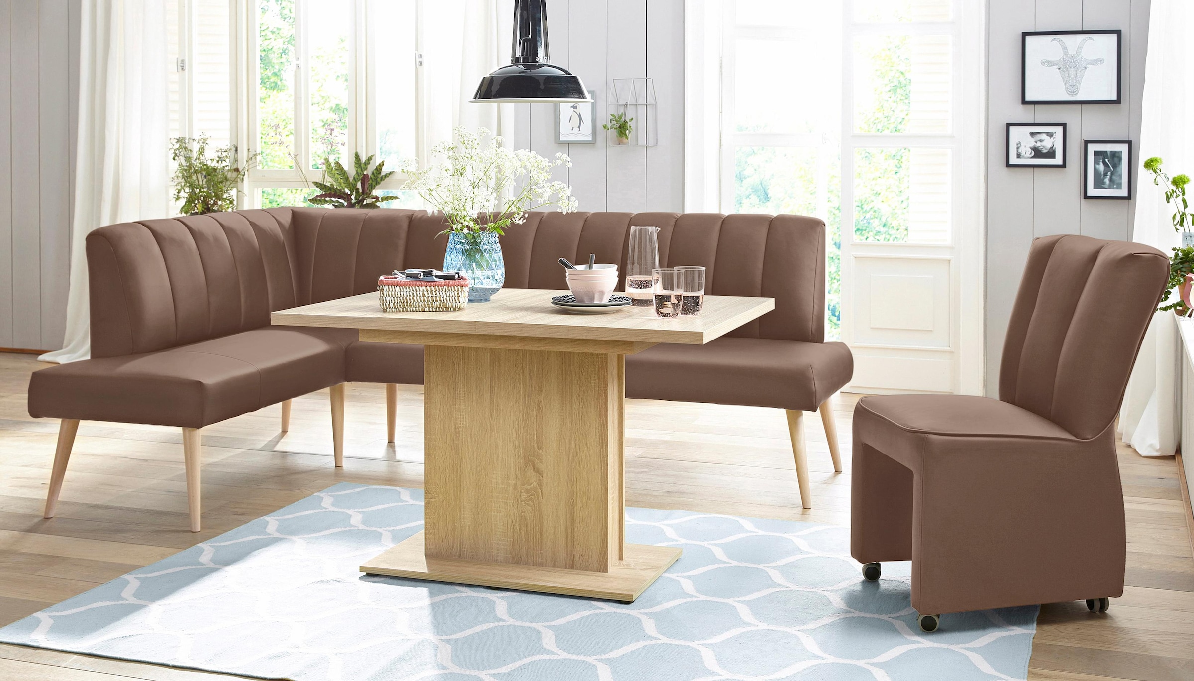 exxpo - sofa fashion Eckbank »Costa, moderne Rückensteppung, bequem und elegant, hoher Holzfuß«, hochwertig verarbeitet, Frei im Raum stellbar