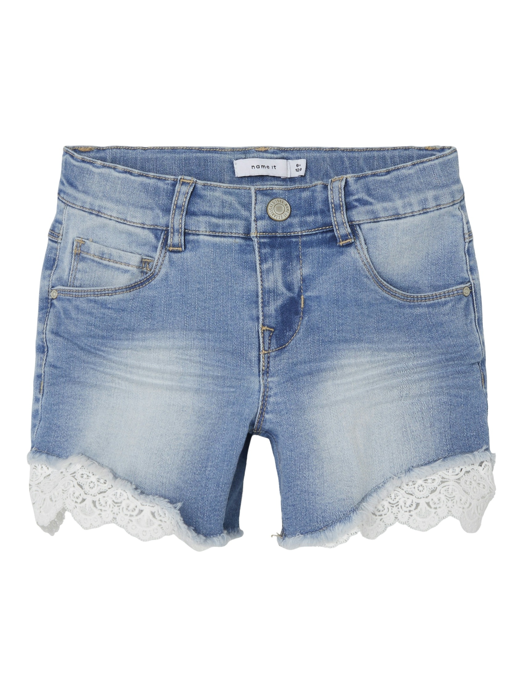 Thumbnail - Name It Shorts "NKFSALLI SLIM DNM SHORTS" Bein mit offener Kante und eingesetztem Spitzendetail