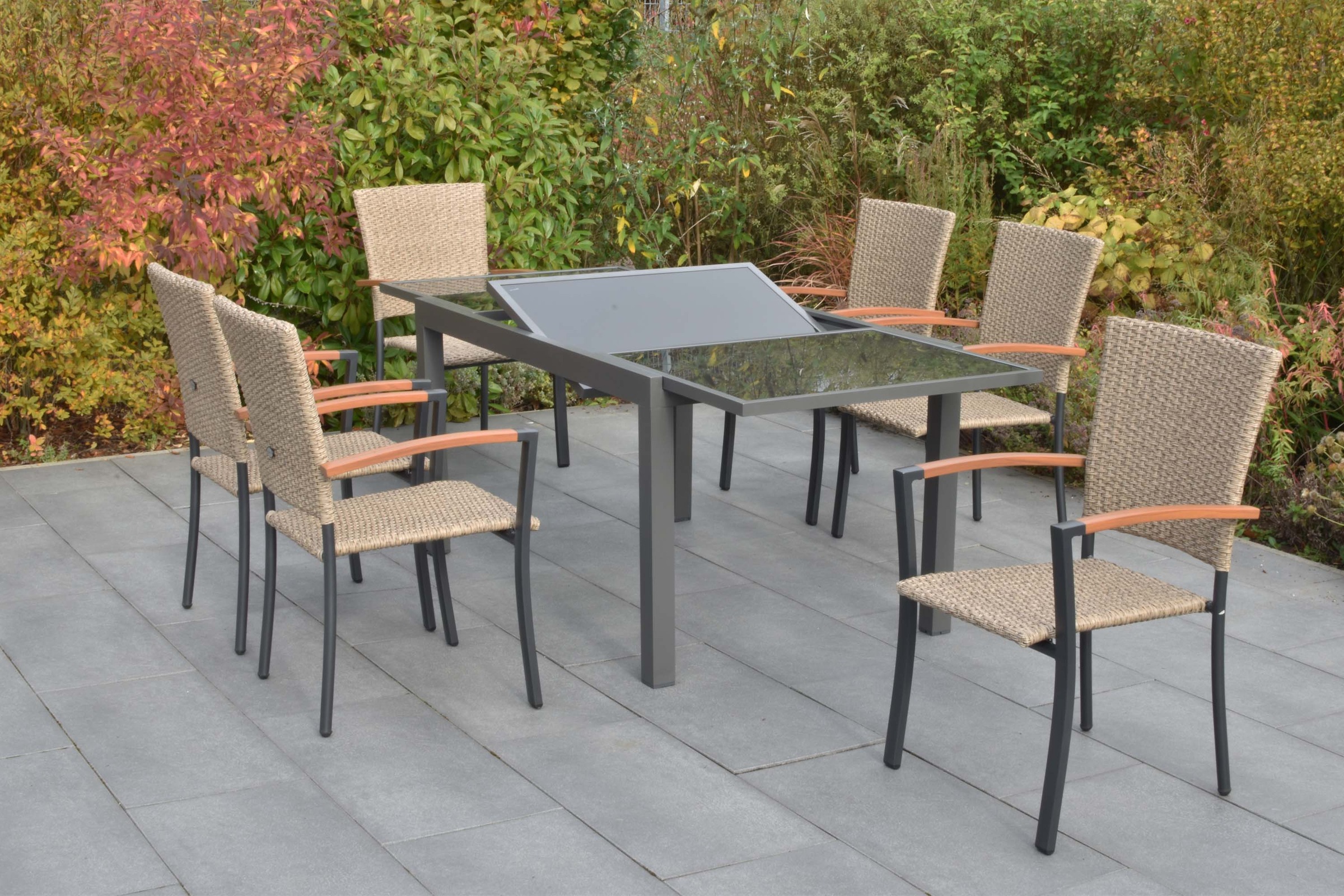 MERXX Garten-Essgruppe »Teramo« Set, 7 tlg. inkl. 6 Stapelsessel, 1 Ausziehtisch