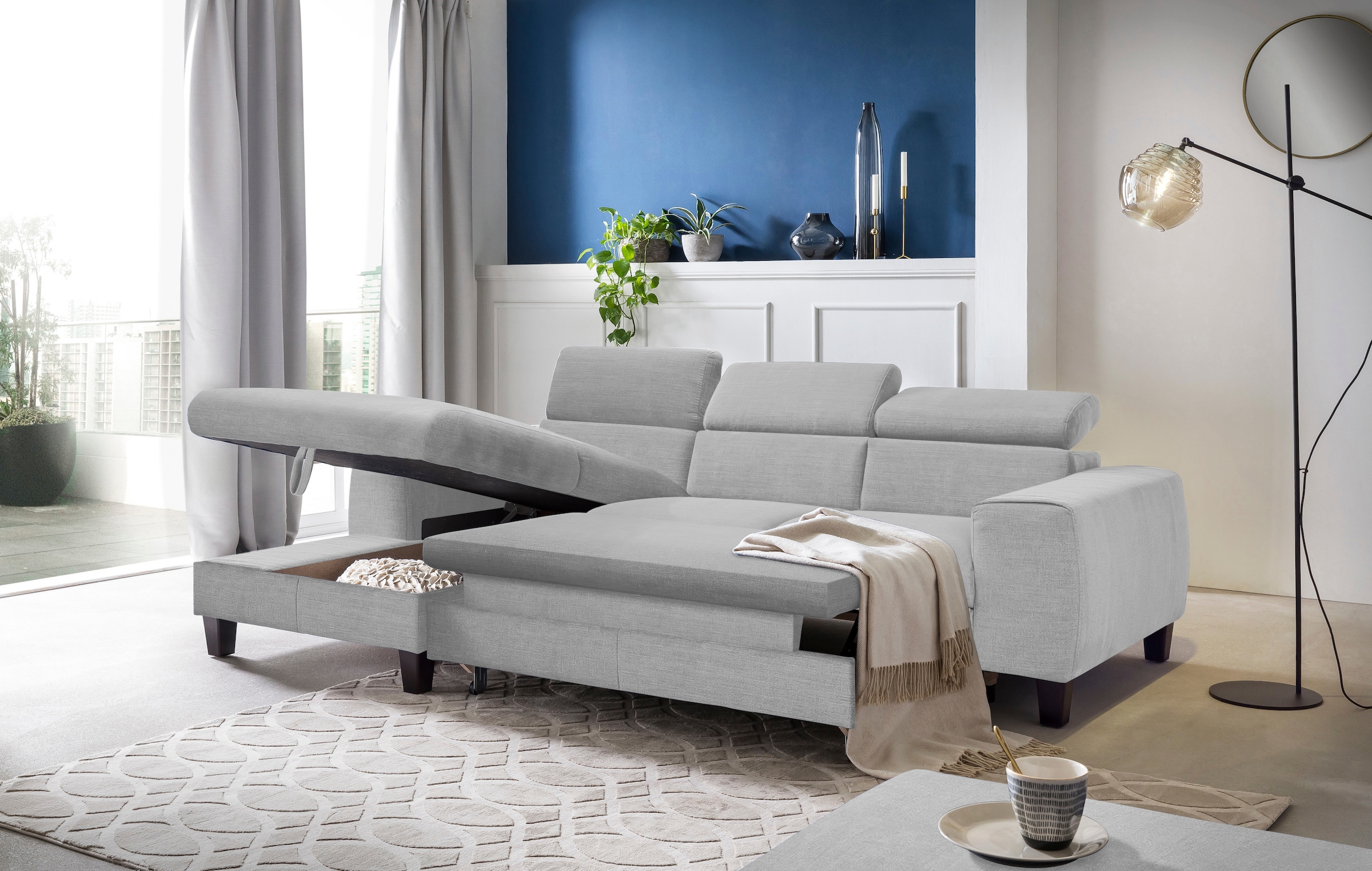COTTA Ecksofa »Morven L-Form mit Kopfteilverstellung«, wahlweise mit Bettfunktion, Bettkasten & Wireless-Charger